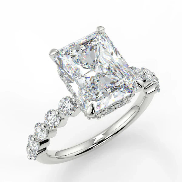 2.5ct elongated radiant lab diamond engagement ring with shared prong band, F color VS1 clarity, IGI certified, Draco Diamond
