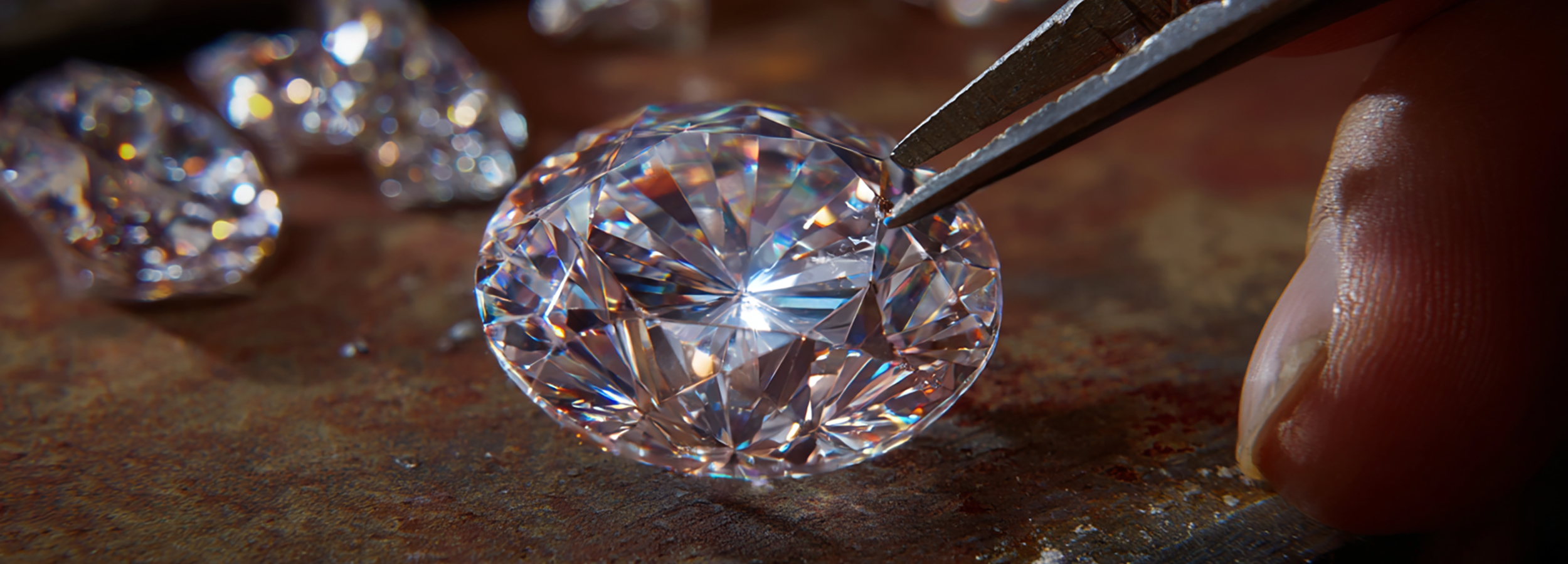Tweezers holding a loose round brilliant lab grown diamond above more loose stones on a bench