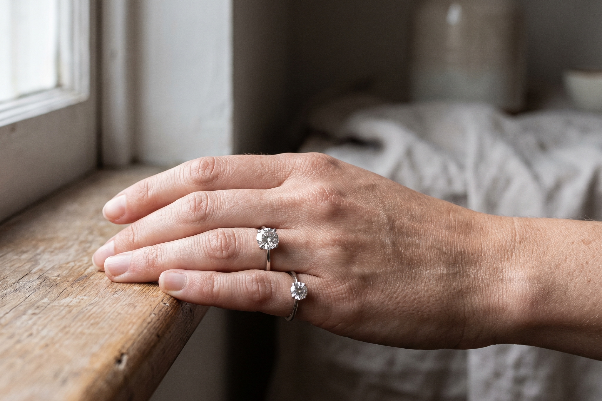 Two round solitaire lab grown diamond rings worn on adjacent fingers of one hand in soft window light, half carat versus one carat true scale comparison, Draco Diamond