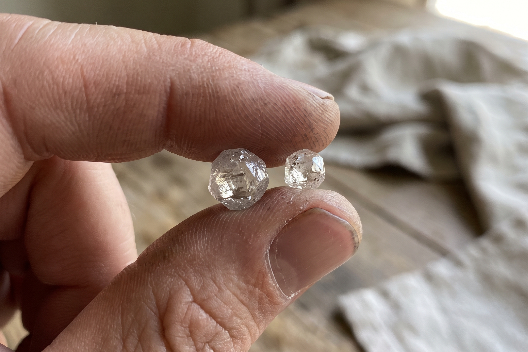 Two large loose lab grown diamonds of noticeably different size held against fingertips for scale in daylight macro, three carat versus five carat, Draco Diamond