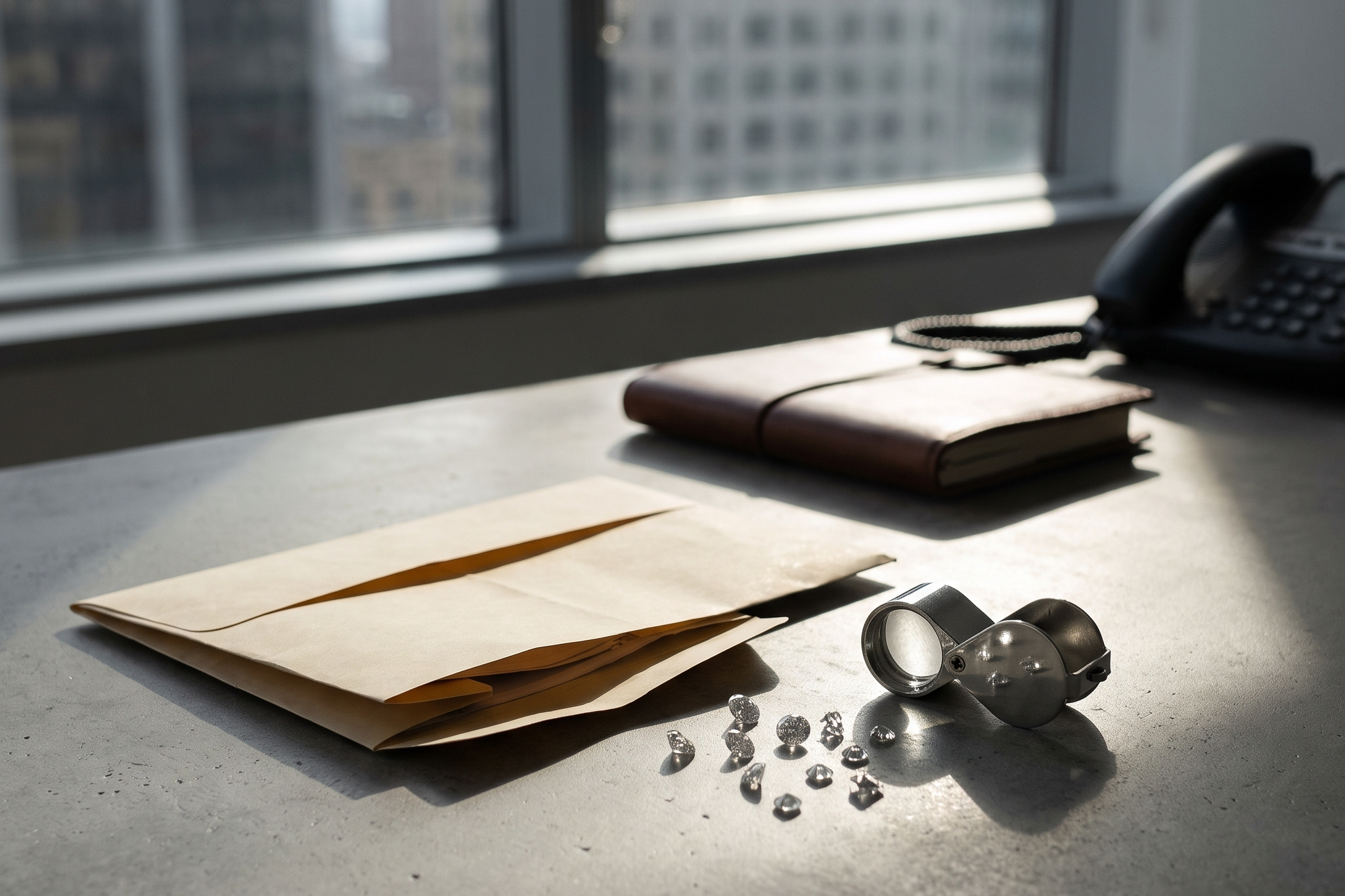 Diamond parcel papers and a jeweller's loupe on a grey corporate trading desk under hard raking window light, De Beers strategy under Al Cook, Draco Diamond