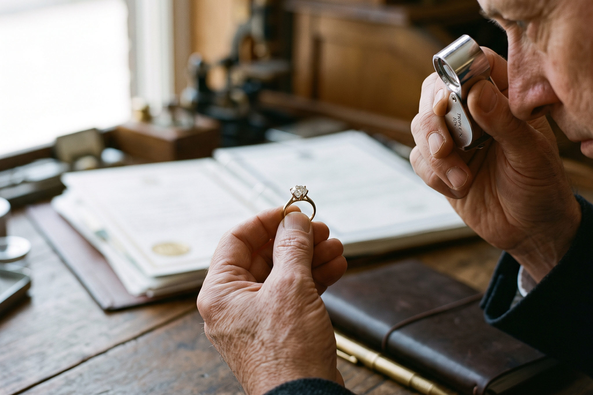 Appraiser examining a lab grown diamond ring with a loupe at a desk, Draco Diamond insurance guide