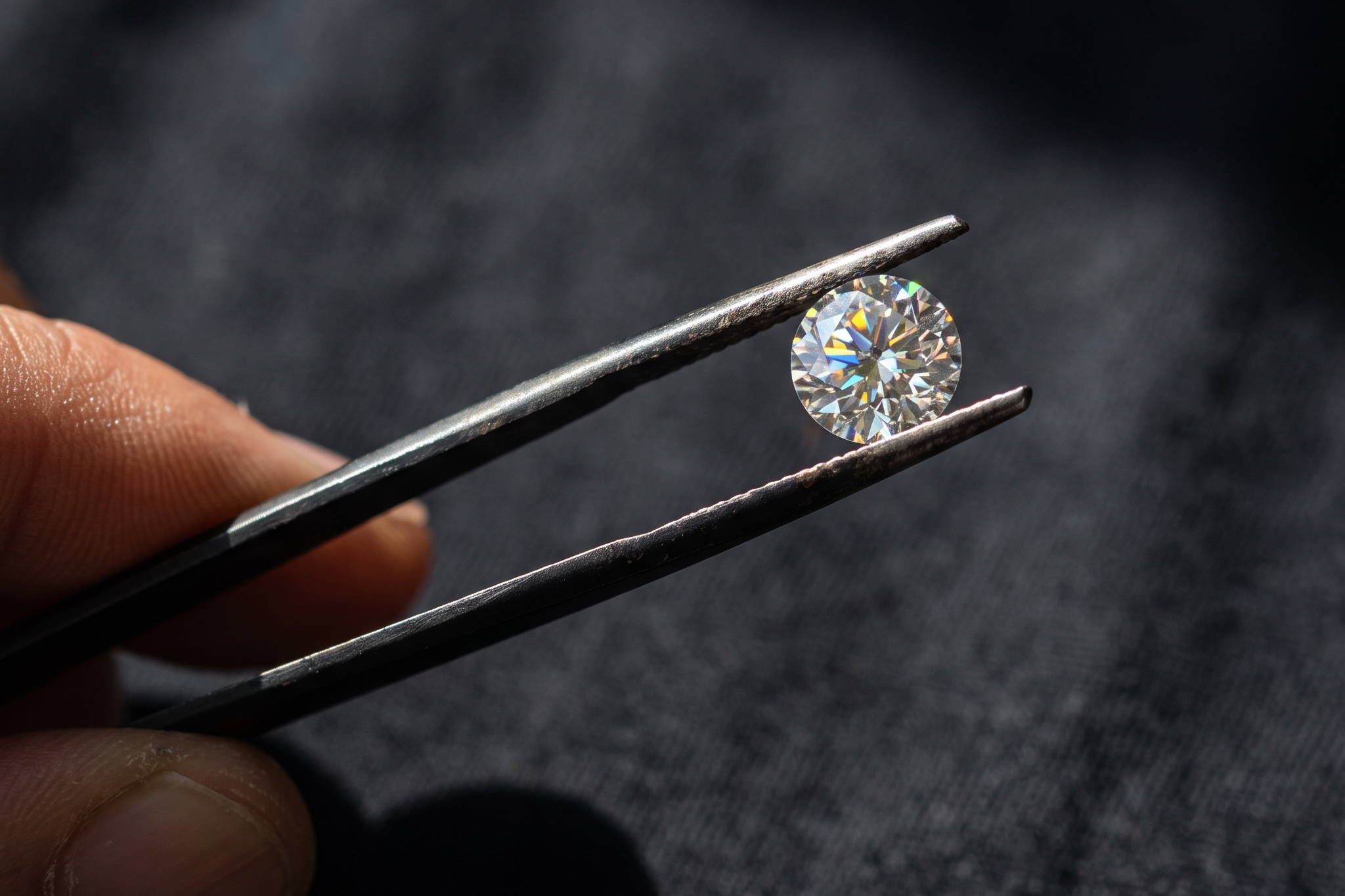 Macro of a single lab grown diamond held in tweezers showing internal fire, Draco Diamond authenticity