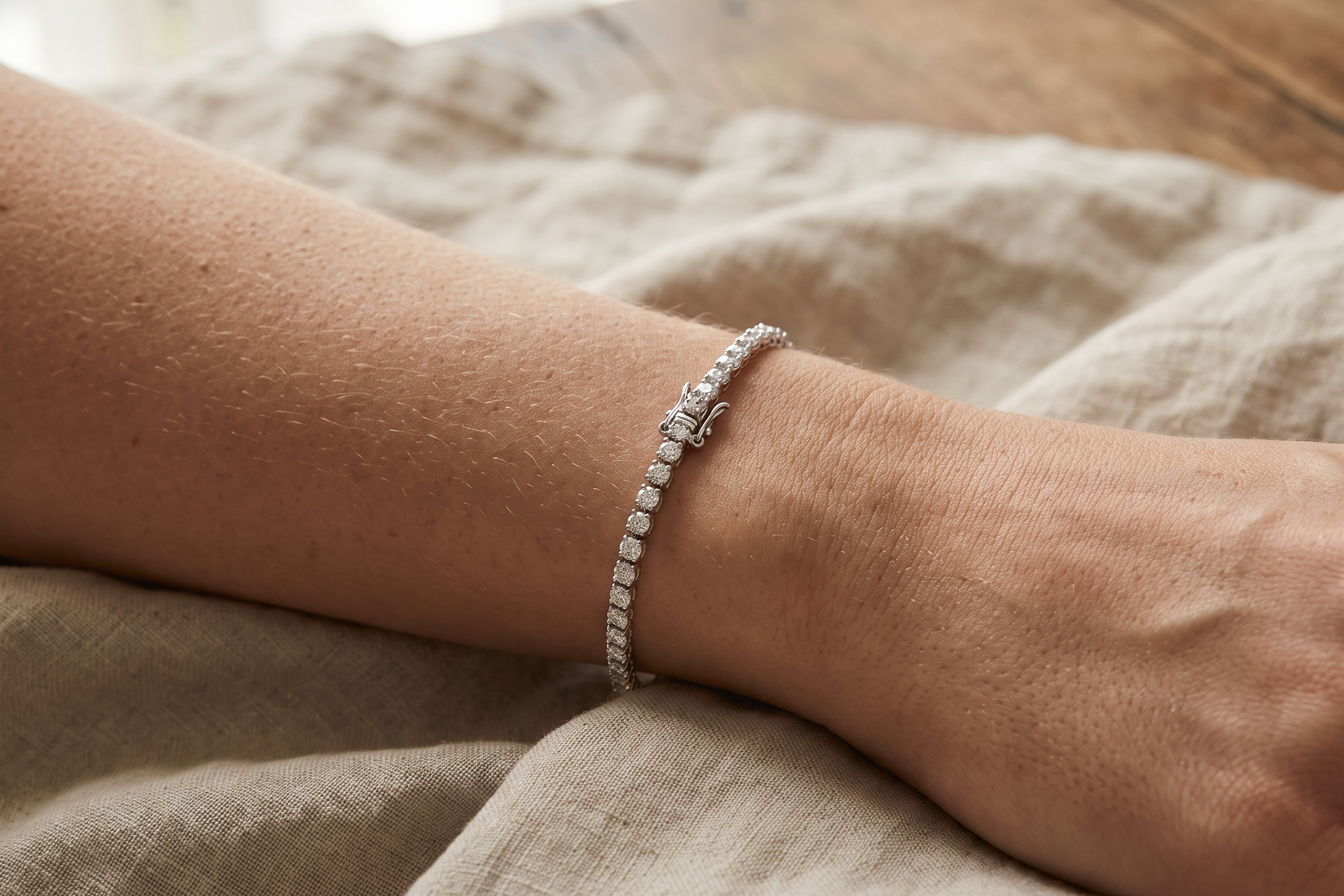 Lab diamond tennis bracelet fastened on a woman's wrist resting on linen, Draco Diamond best bracelets 2026