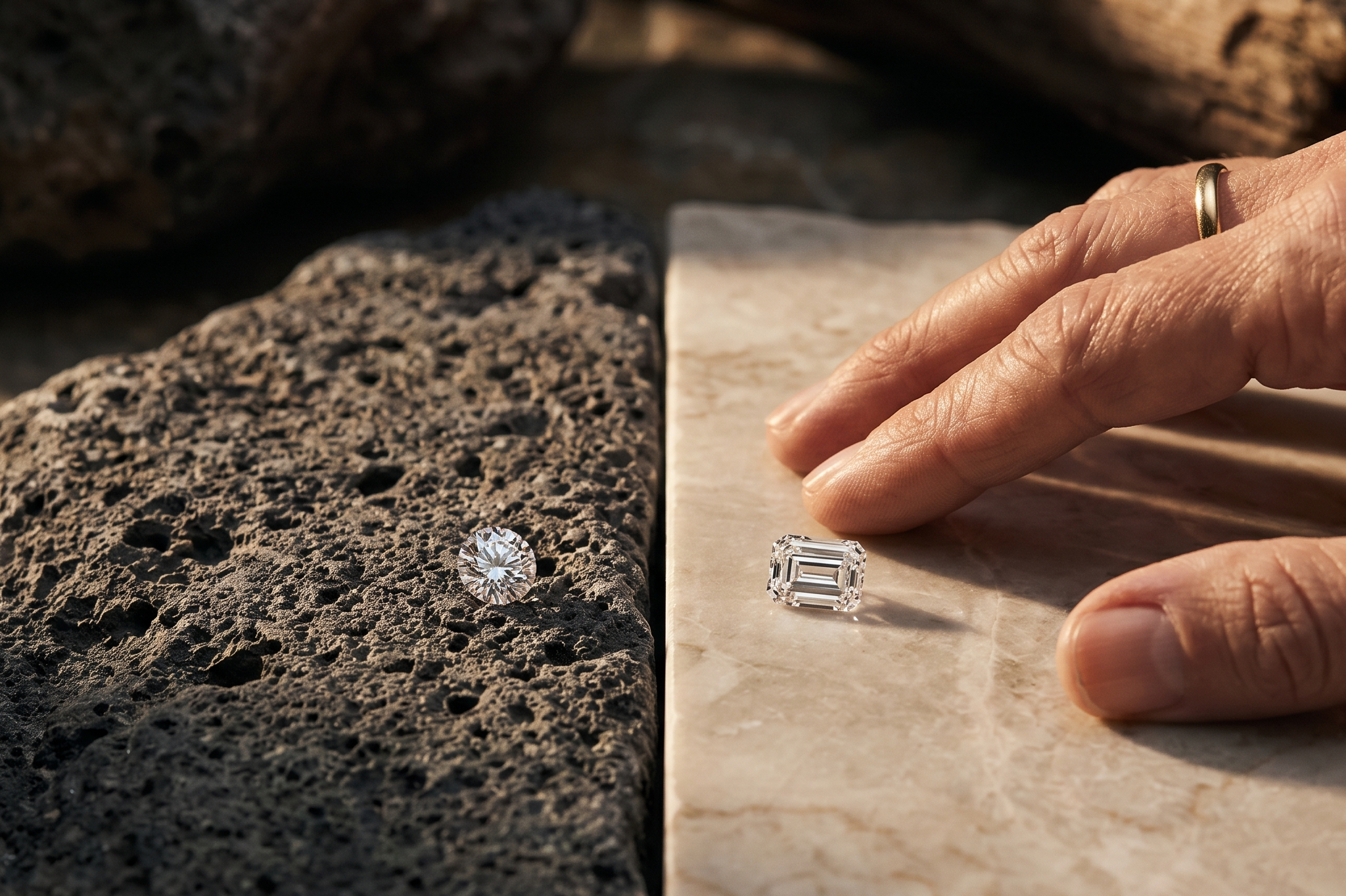 Two diamonds on a split rough and polished surface showing a divided market, Draco Diamond bifurcation 2026