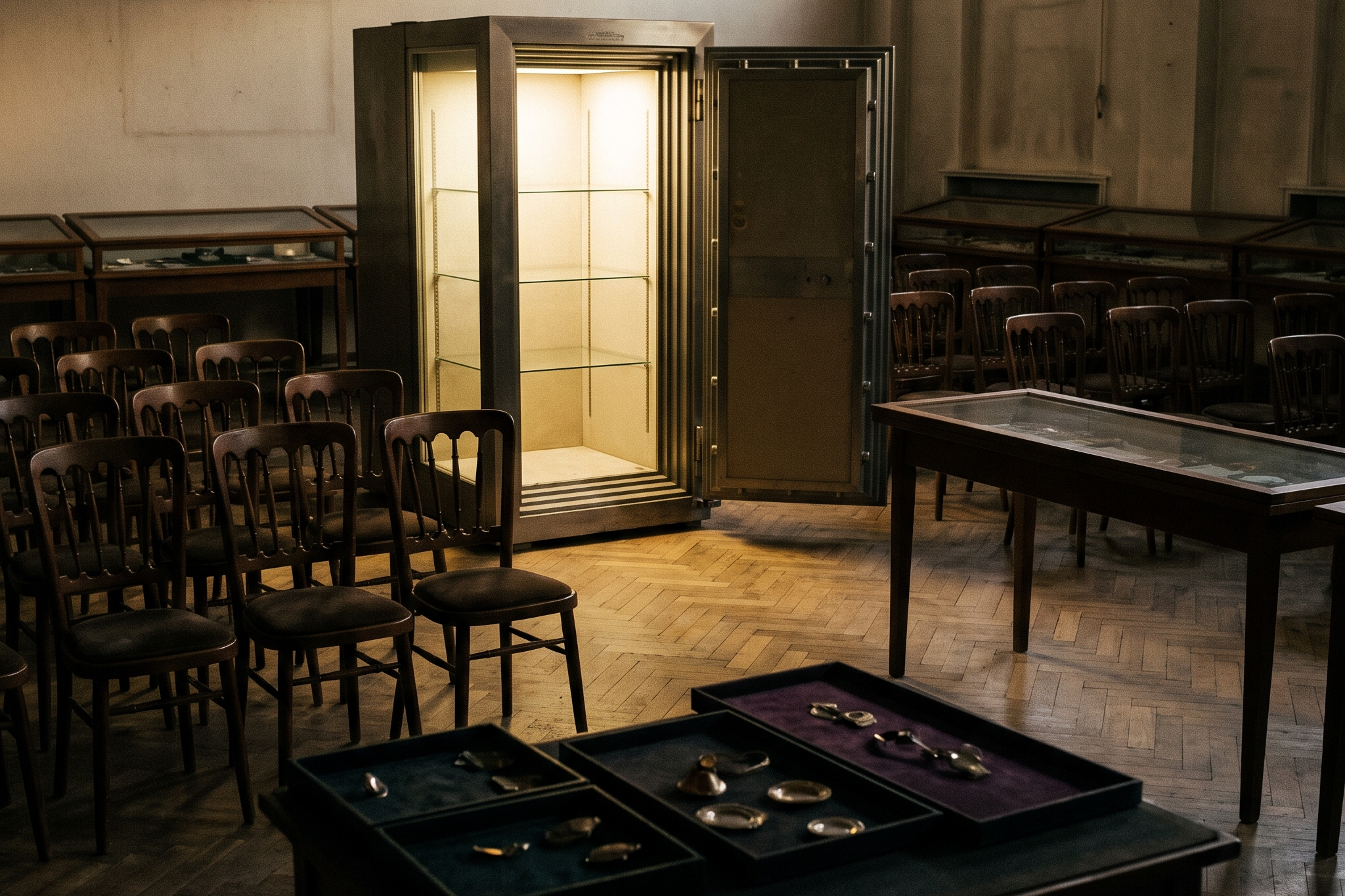 Empty auction room and vacant vault display case with unsold trays under hard raking light, documentary view of the diamond industry collapse, Draco Diamond