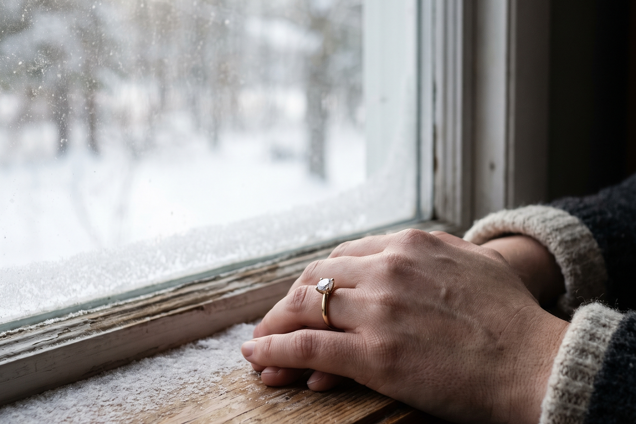 Lab grown diamond ring worn on a hand resting on a wooden sill beside a frosted winter window in muted Canadian daylight, Draco Diamond