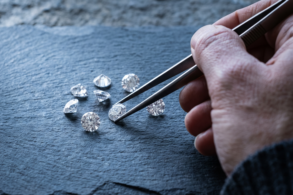 Jeweller's tweezers lifting a loose lab grown diamond from a scatter of stones on dark slate, Draco Diamond