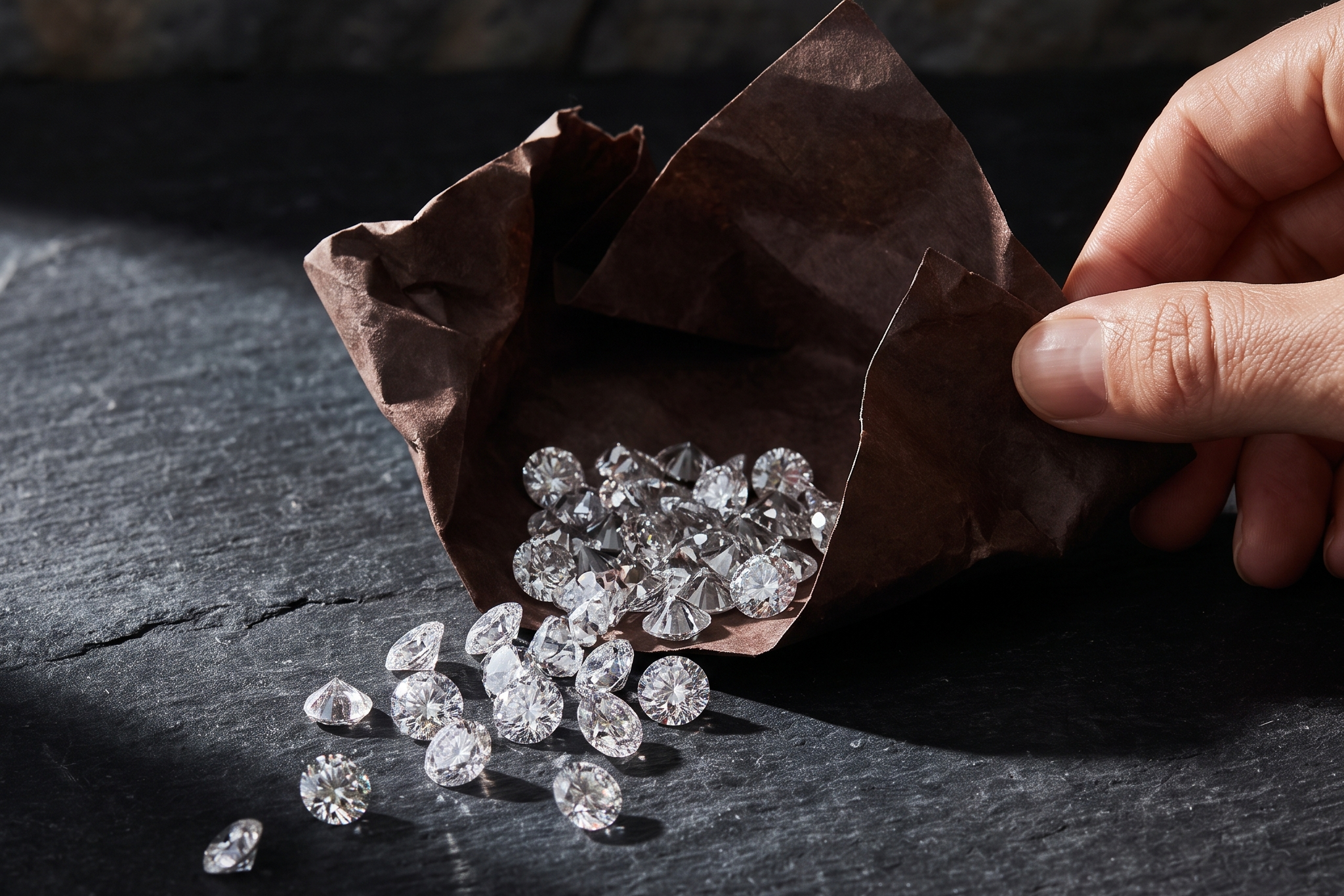 Loose lab grown diamonds spilling from a parcel paper onto dark slate, Draco Diamond price analysis