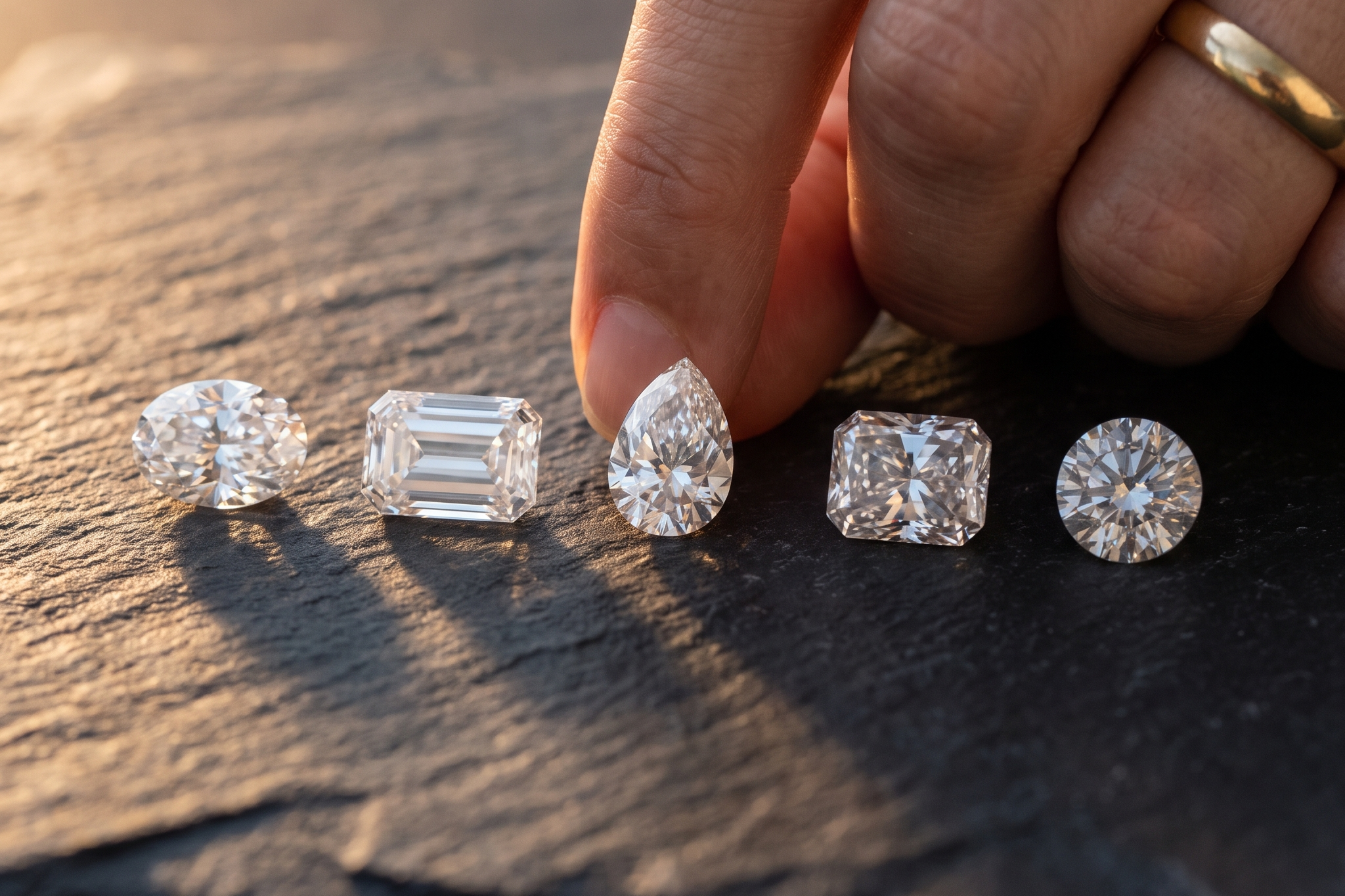 Five lab grown diamond shapes on dark slate, oval emerald pear radiant and round, Draco Diamond