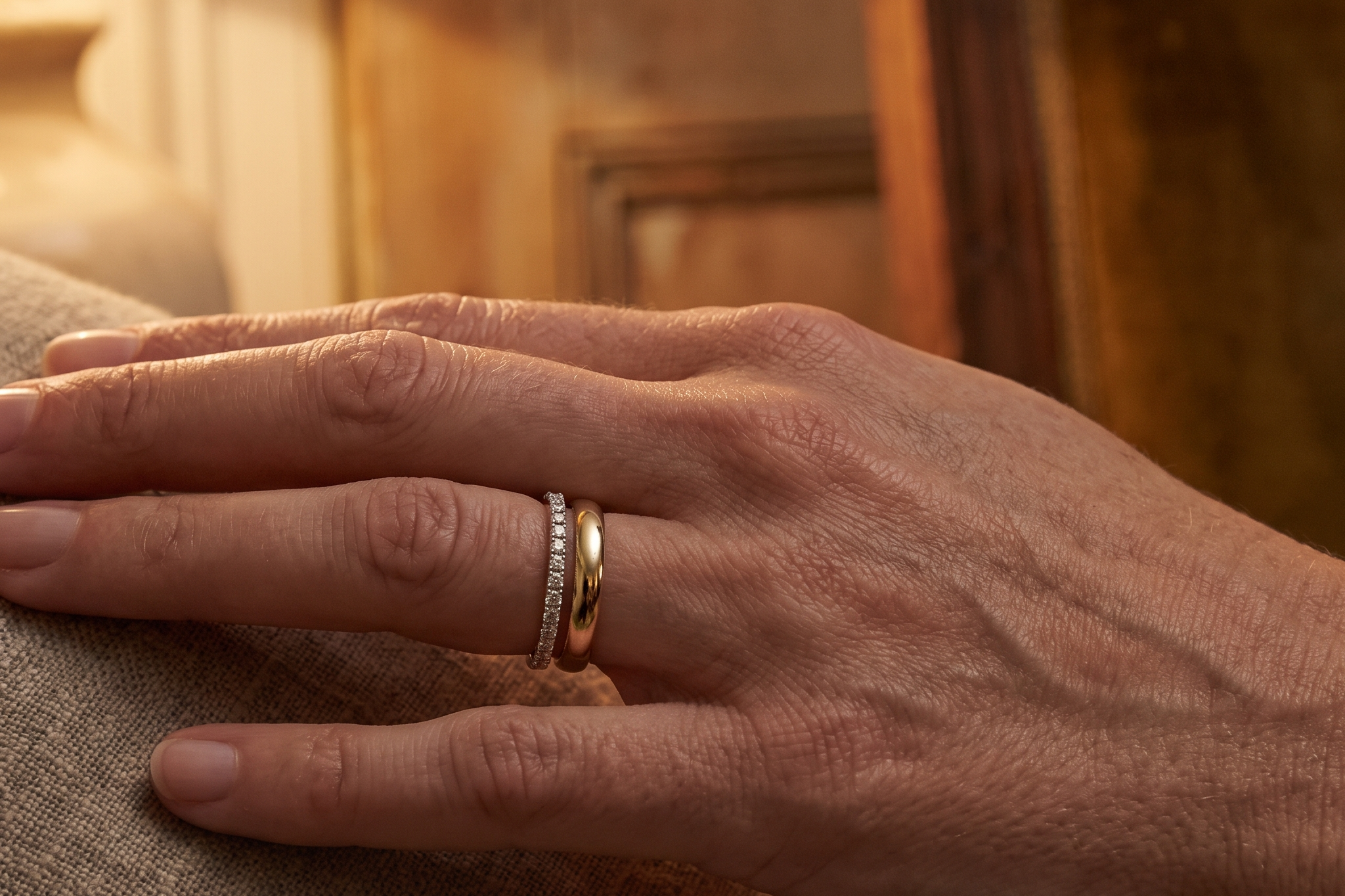 Lab diamond eternity band worn alongside a wedding band on a hand in warm evening light, Draco Diamond