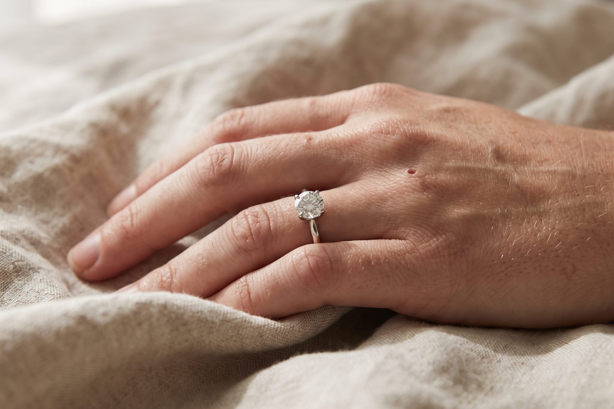 Round brilliant lab diamond solitaire engagement ring worn on a hand resting on linen, Draco Diamond