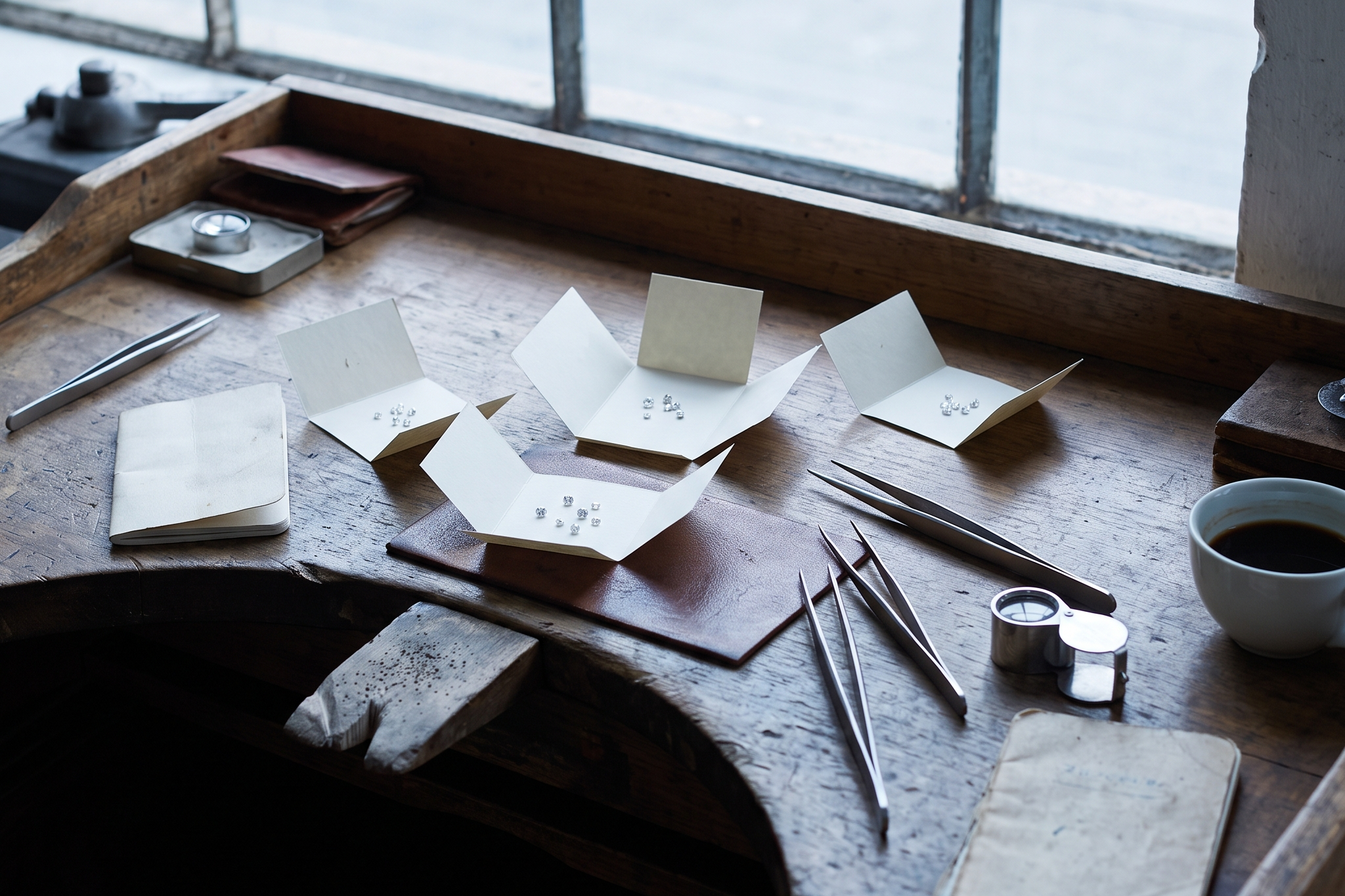 Jeweller's trading desk with loose lab diamond parcels and tweezers in daylight, Draco Diamond market outlook 2026
