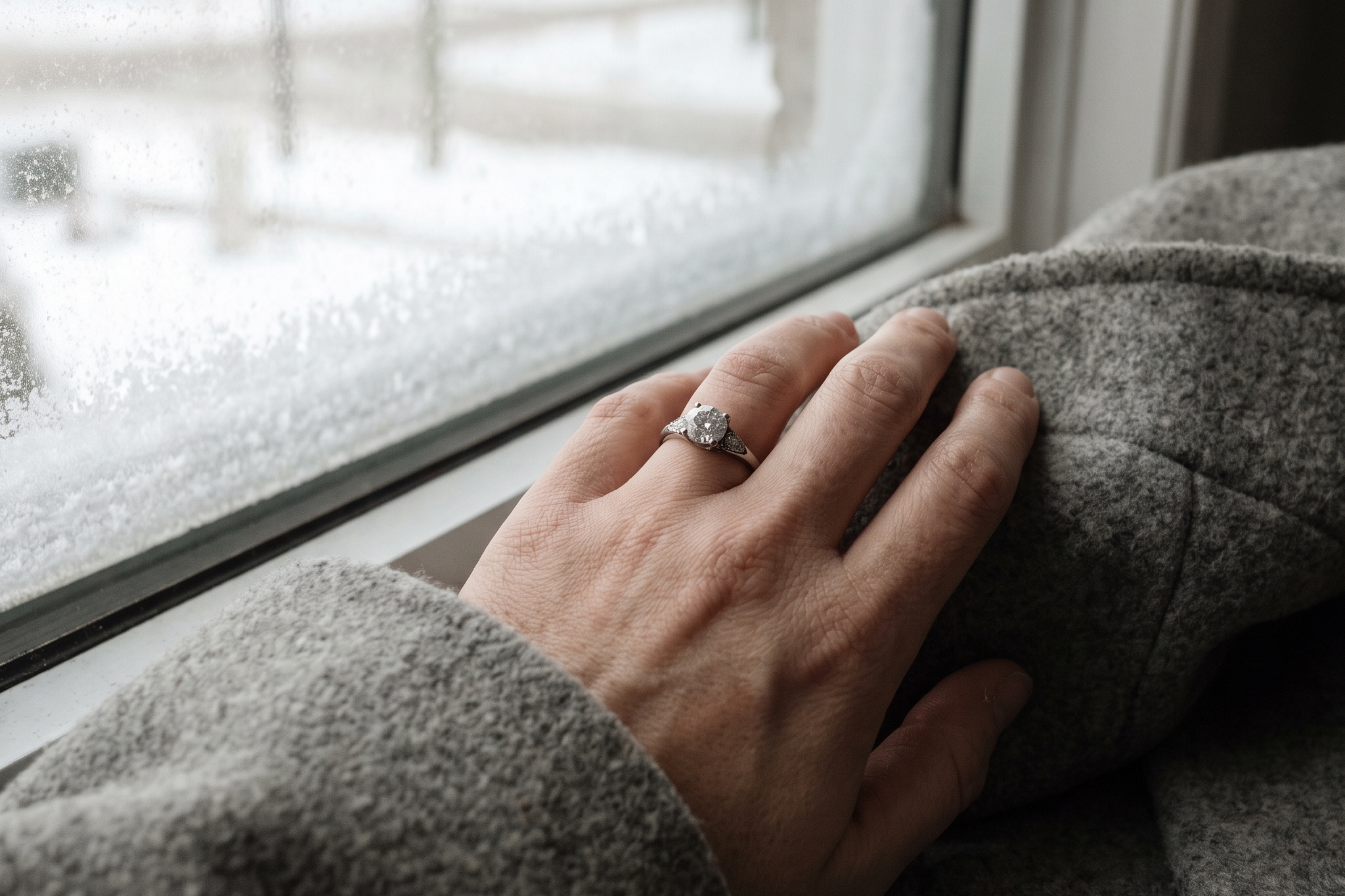 A lab grown diamond ring worn on a hand by a frosted winter window in Canada, Draco Diamond