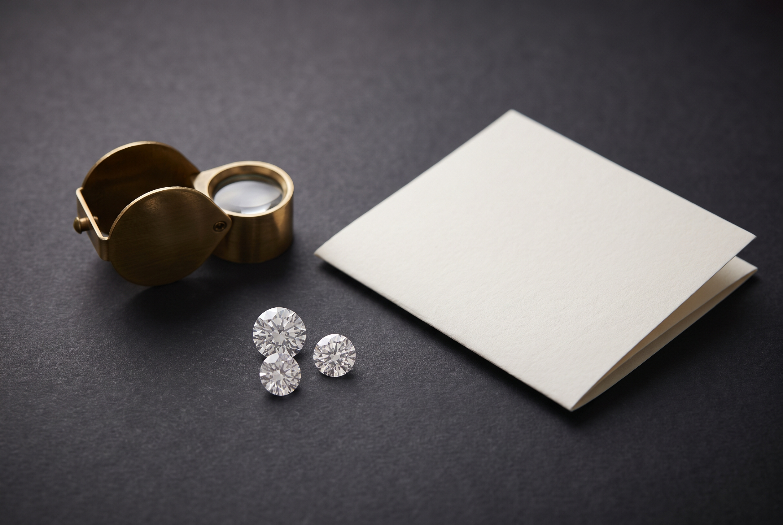 Jeweler loupe beside loose lab grown diamonds and a grading document from Draco Diamond