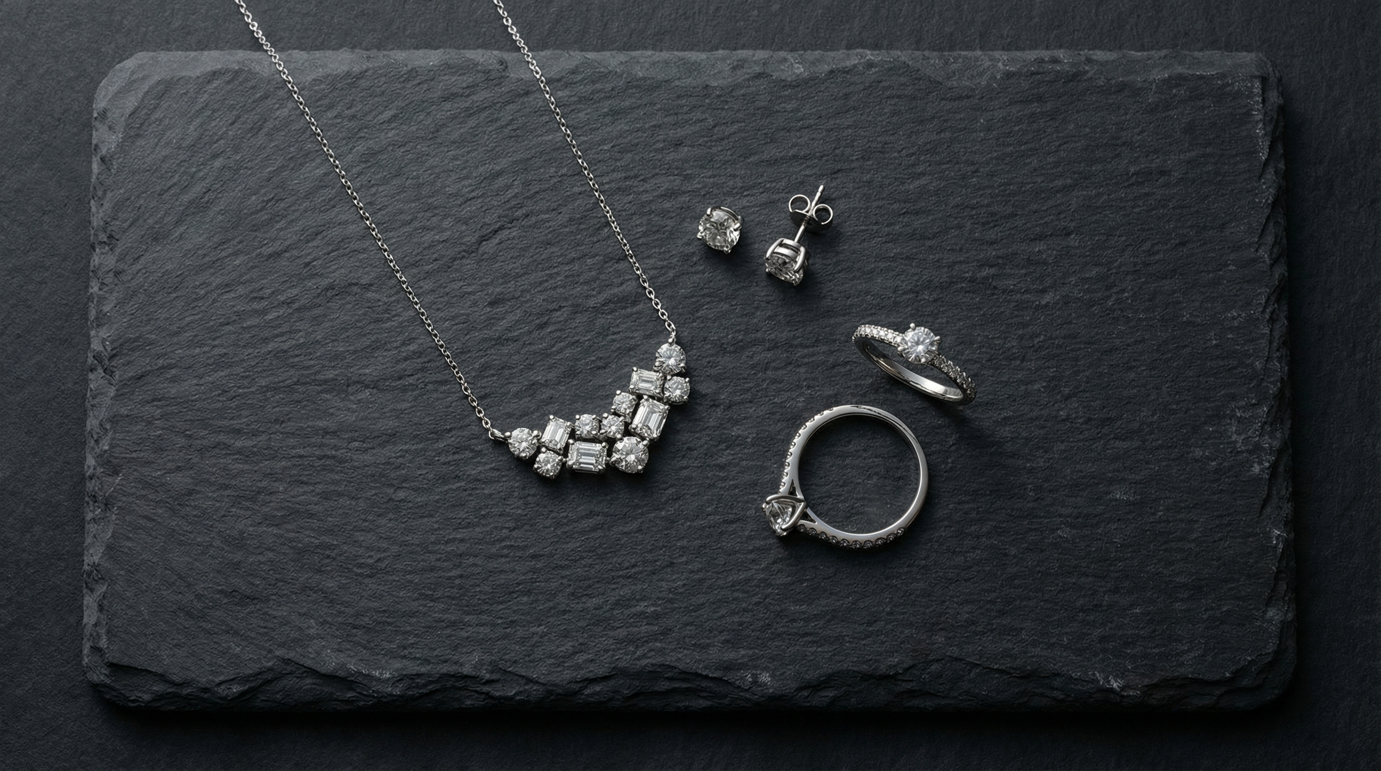 Lab grown diamond studs, pendant and rings on slate, entry level milestone pieces from Draco Diamond