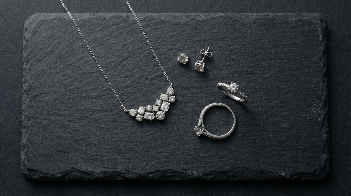 A lab grown diamond necklace, stud earrings and two rings laid out on dark slate, Draco Diamond