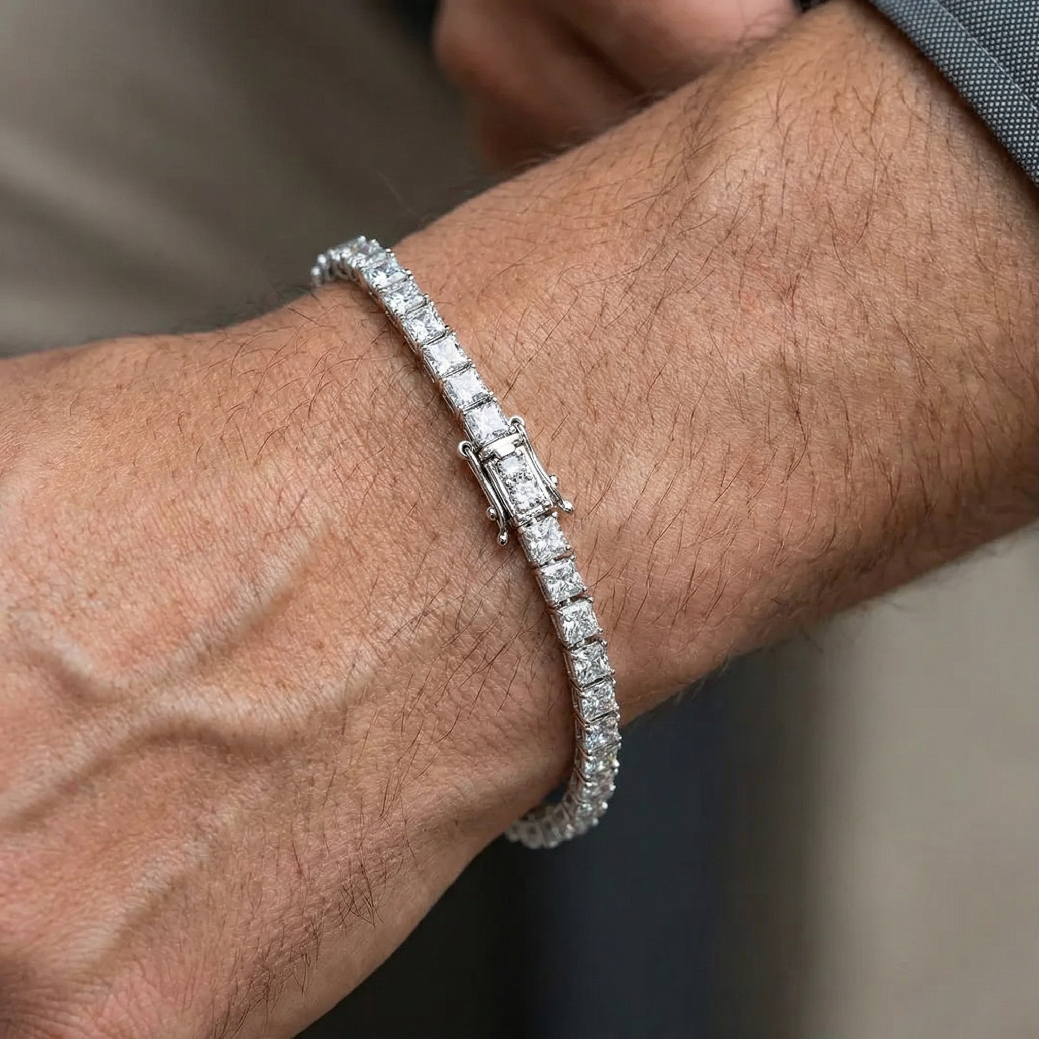 7.8ct princess cut lab grown diamond tennis bracelet in white gold worn on model, IGI certified, Draco Diamond