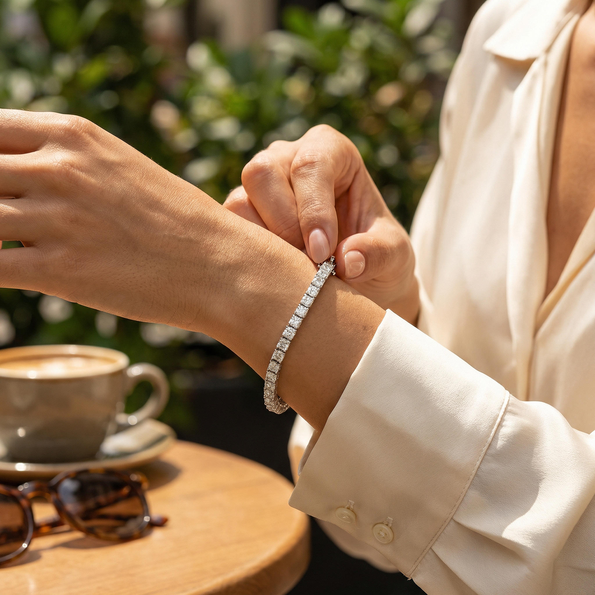 Professional woman fastening a lab diamond tennis bracelet at a cafe table, a self purchase in everyday working wear, IGI certified, Draco Diamond