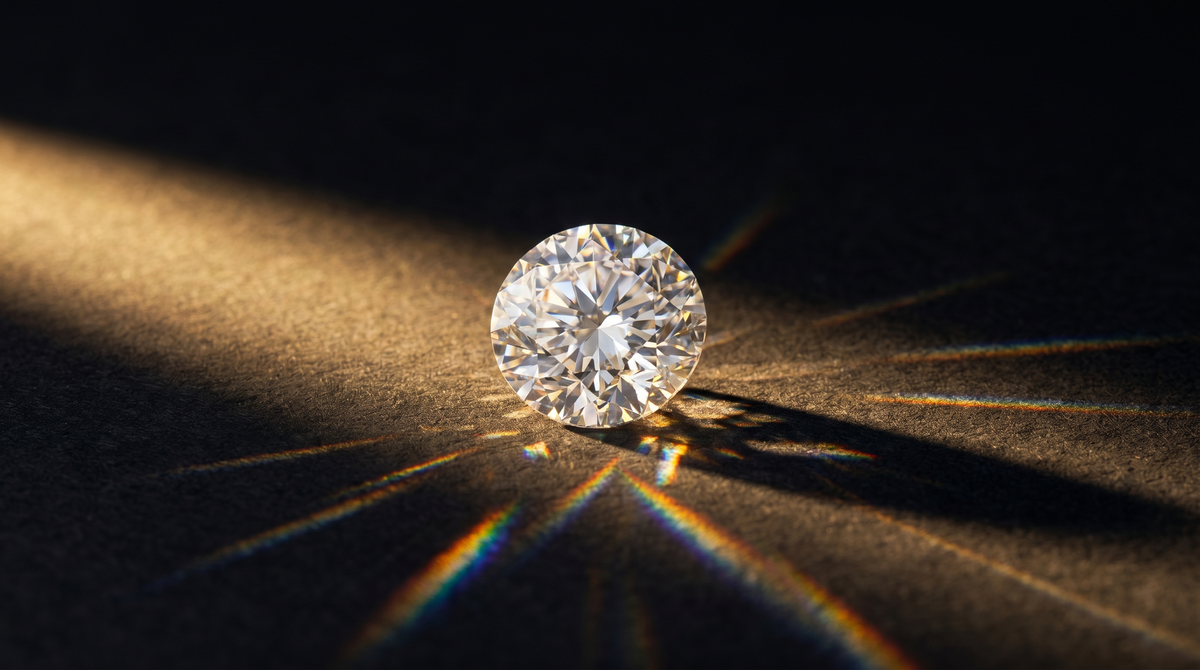Loose round brilliant lab grown diamond on a dark surface throwing rays of light, macro view into the stone, diamond clarity chart, Draco Diamond