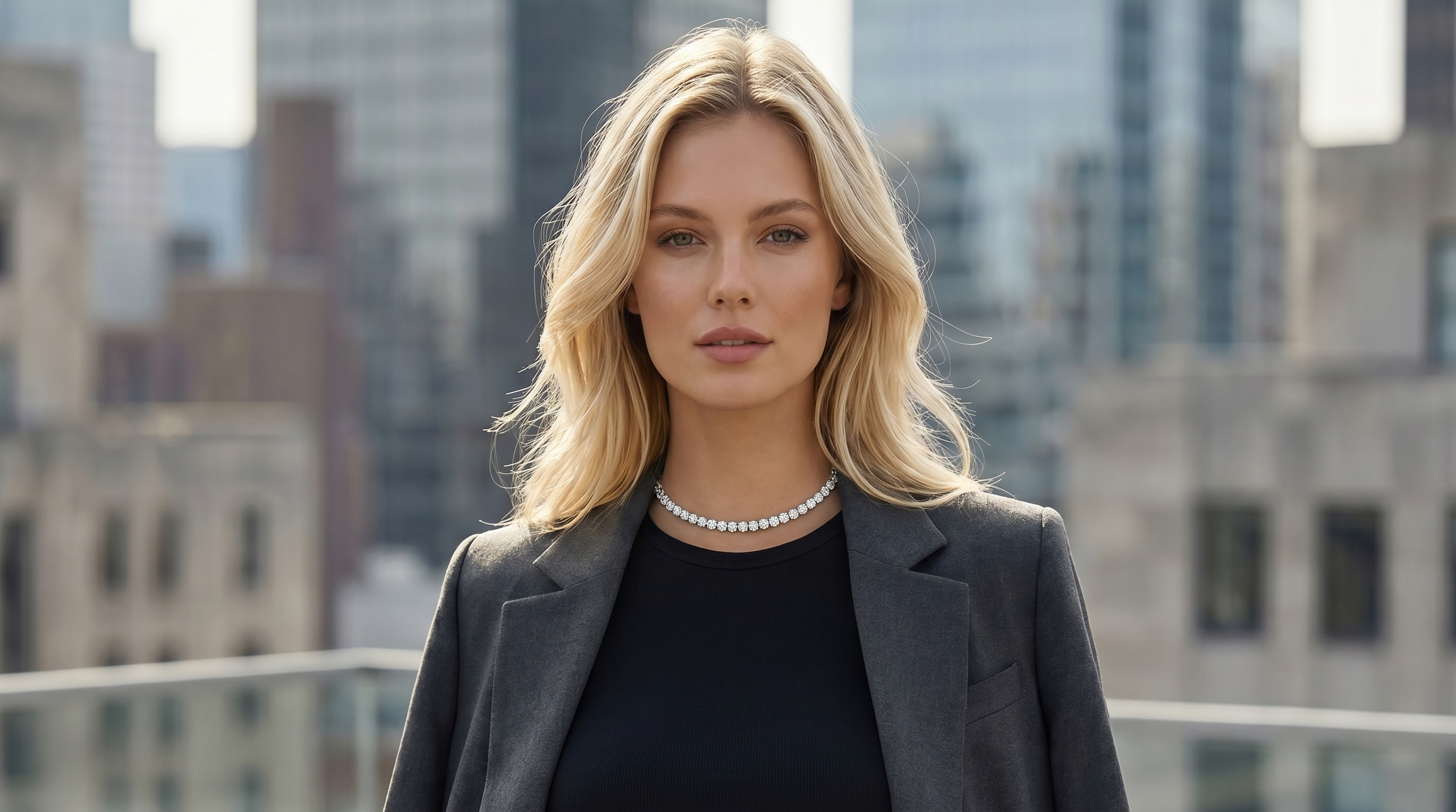 Woman in a charcoal blazer wearing a round brilliant lab grown diamond tennis necklace against a city skyline