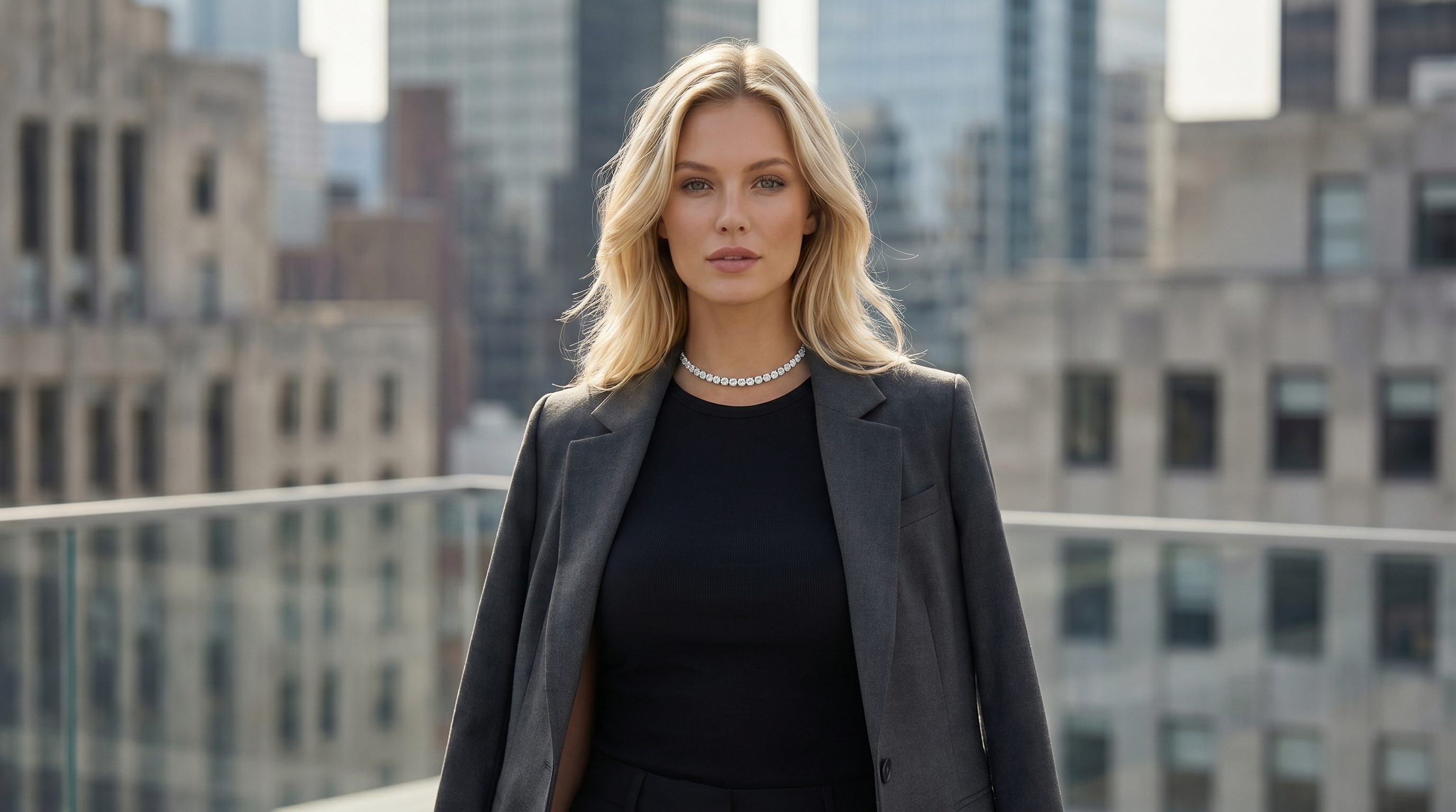 Professional woman wearing a Draco Diamond lab grown tennis necklace against a Canadian city skyline
