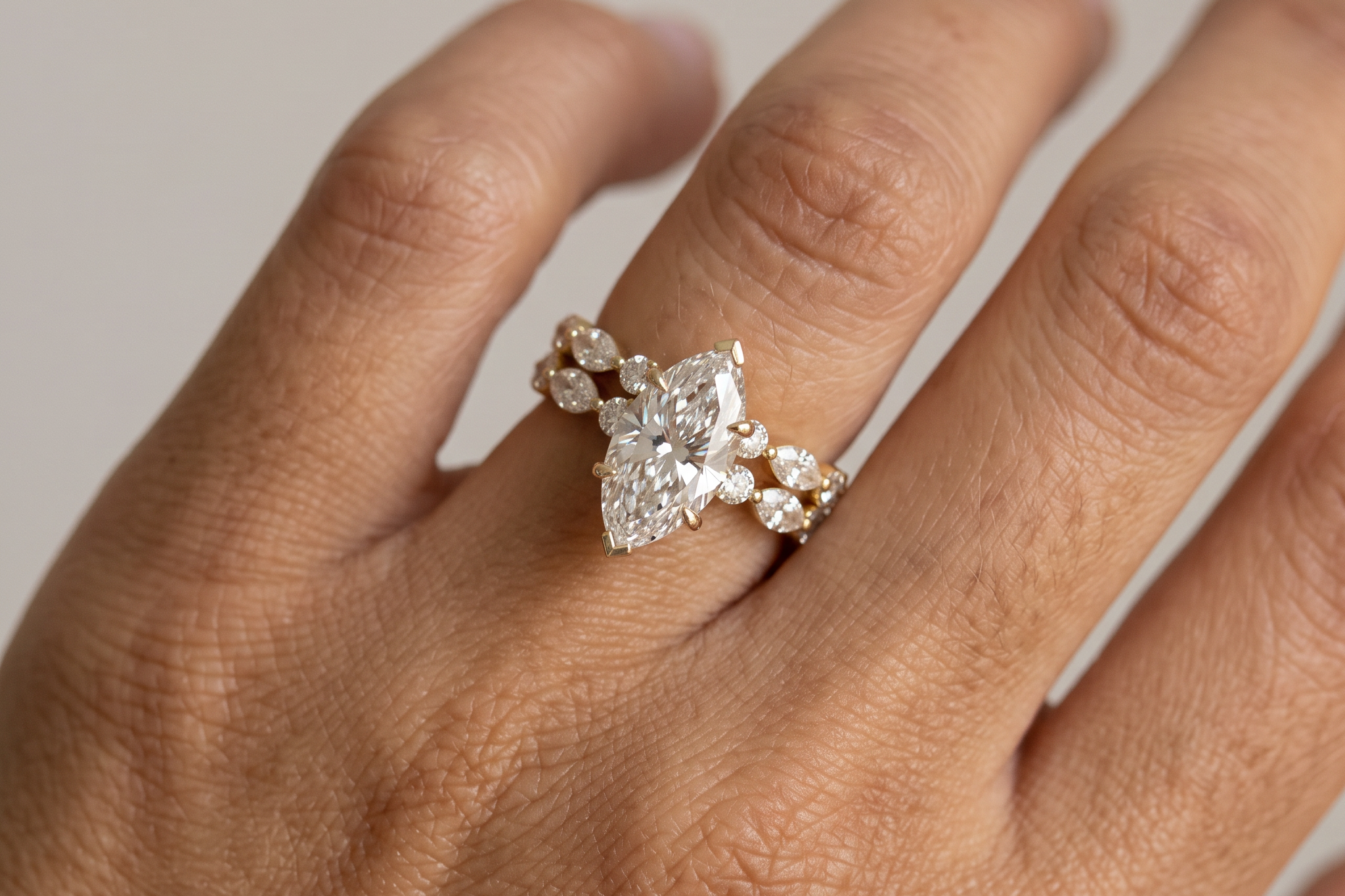 Marquise lab grown diamond bridal set worn on the hand, Draco Diamond