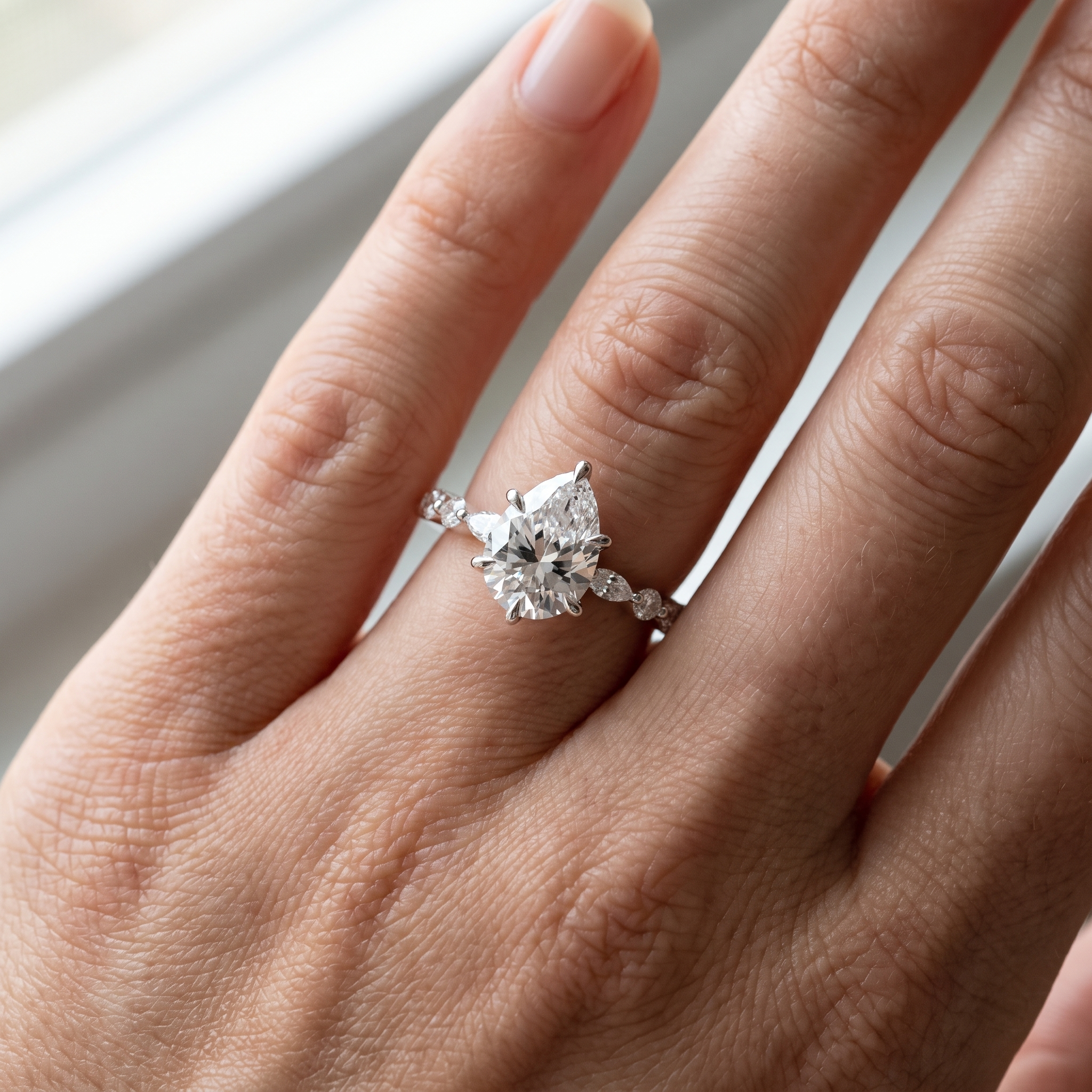 Pear cut lab grown diamond engagement ring worn on a hand, showing how an elongated diamond shape lengthens the finger