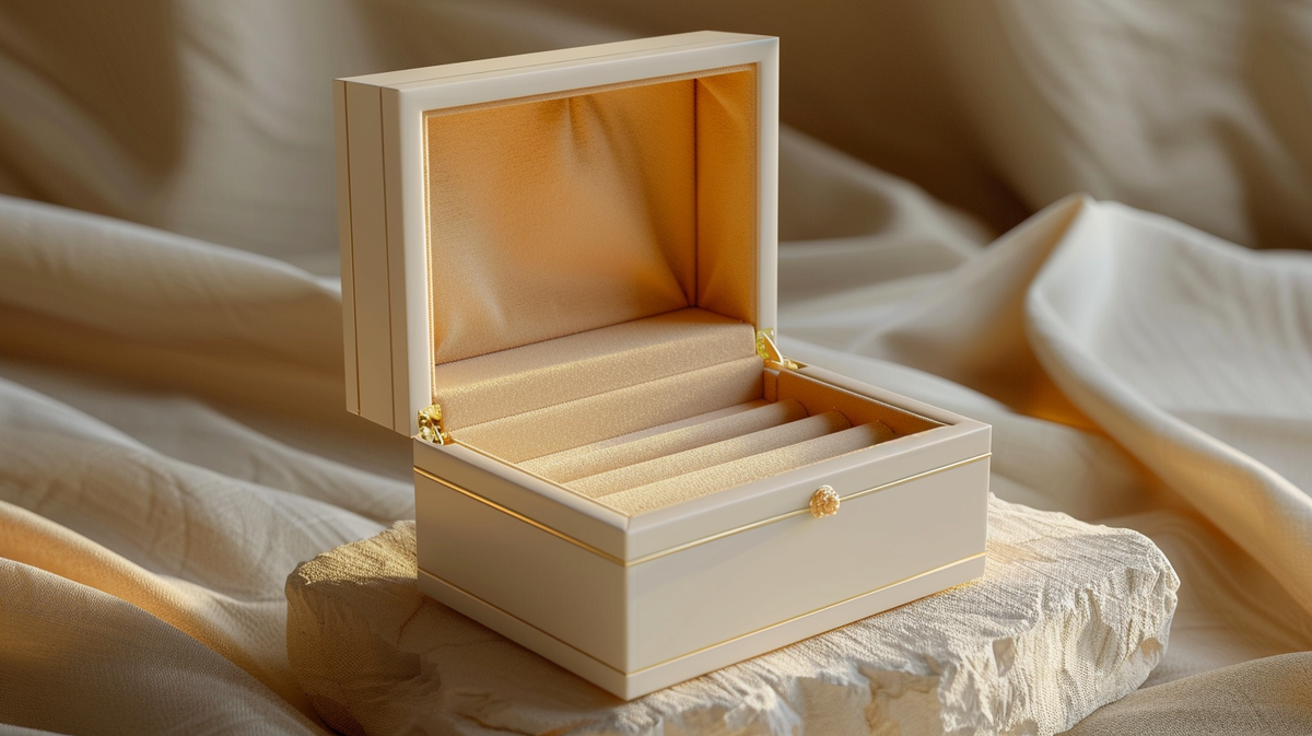 An open ivory jewellery box resting on draped cream silk, Draco Diamond