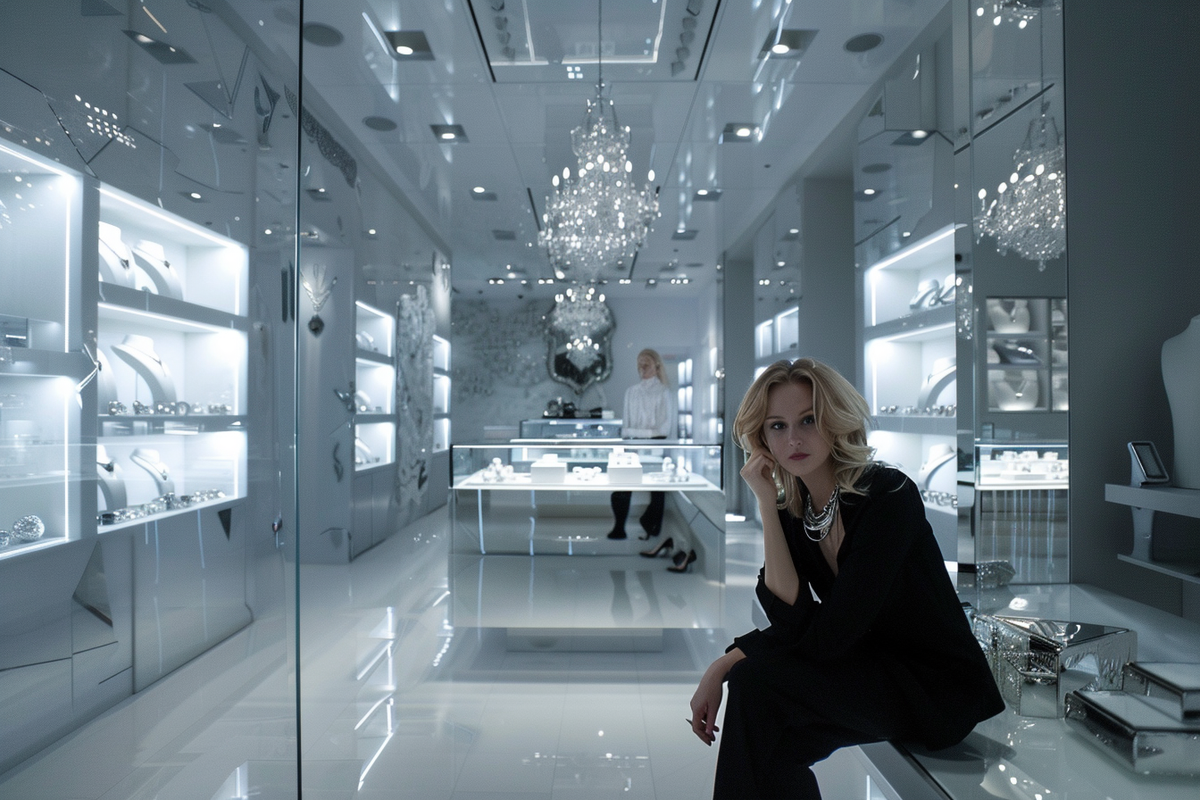 A woman seated in a bright jewellery boutique lined with glass display cases, Draco Diamond