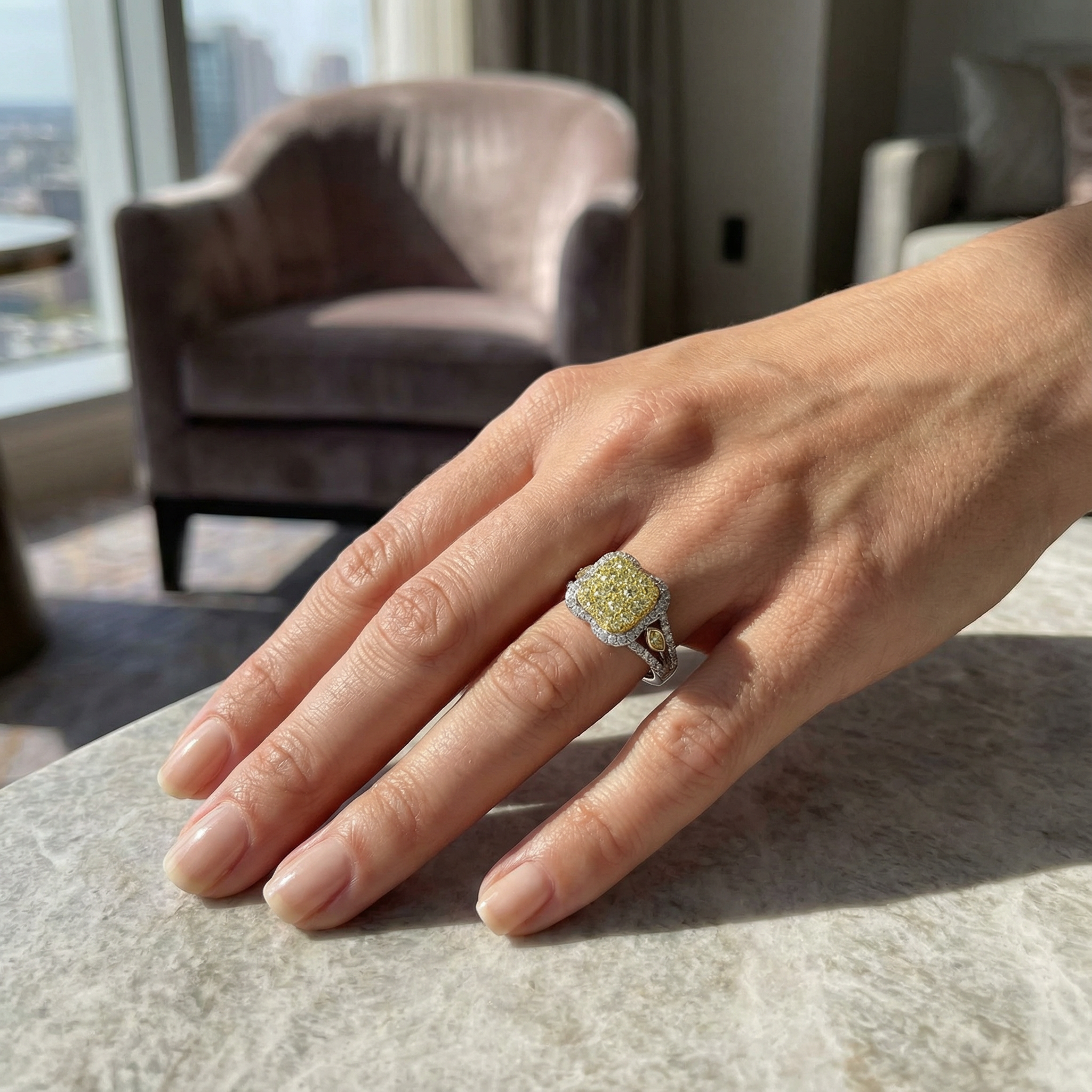 1.75ct Canary Yellow Lab Diamond Cluster Ring side profile, lab diamond detail