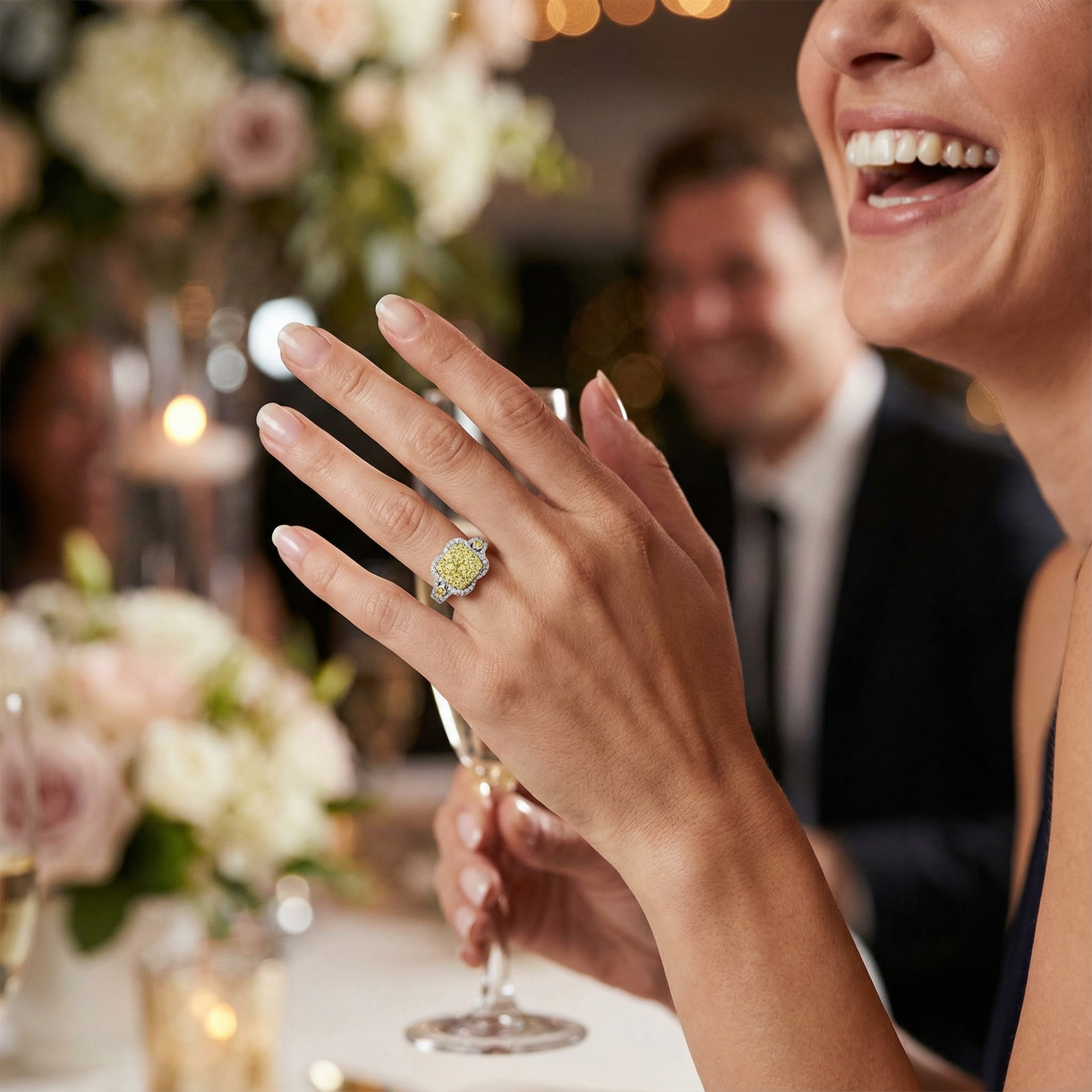 1.75ct Canary Yellow Lab Diamond Cluster Ring on model, styled 10K yellow gold ring