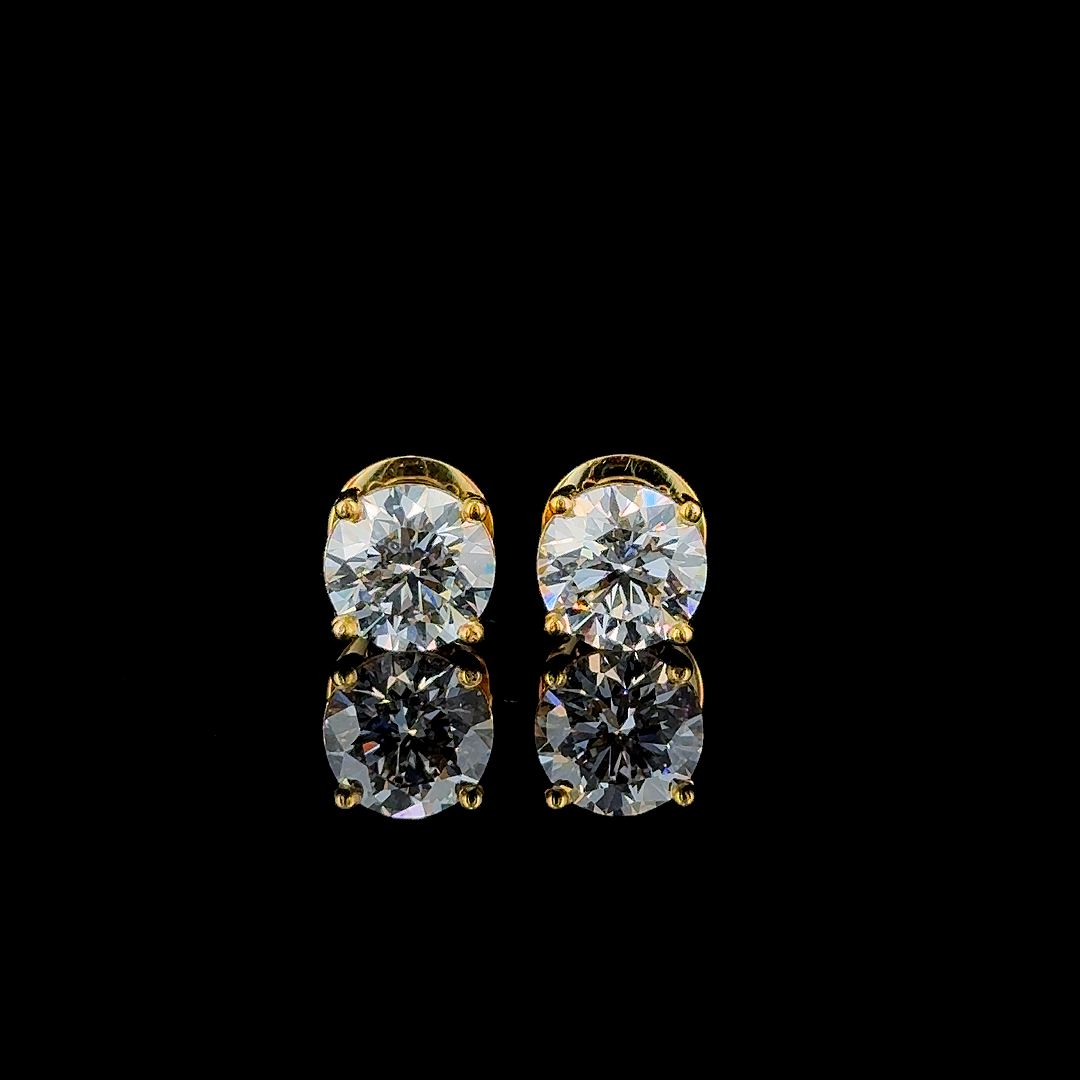 3ctw round brilliant lab grown diamond stud earrings, yellow gold four-prong, real product photo