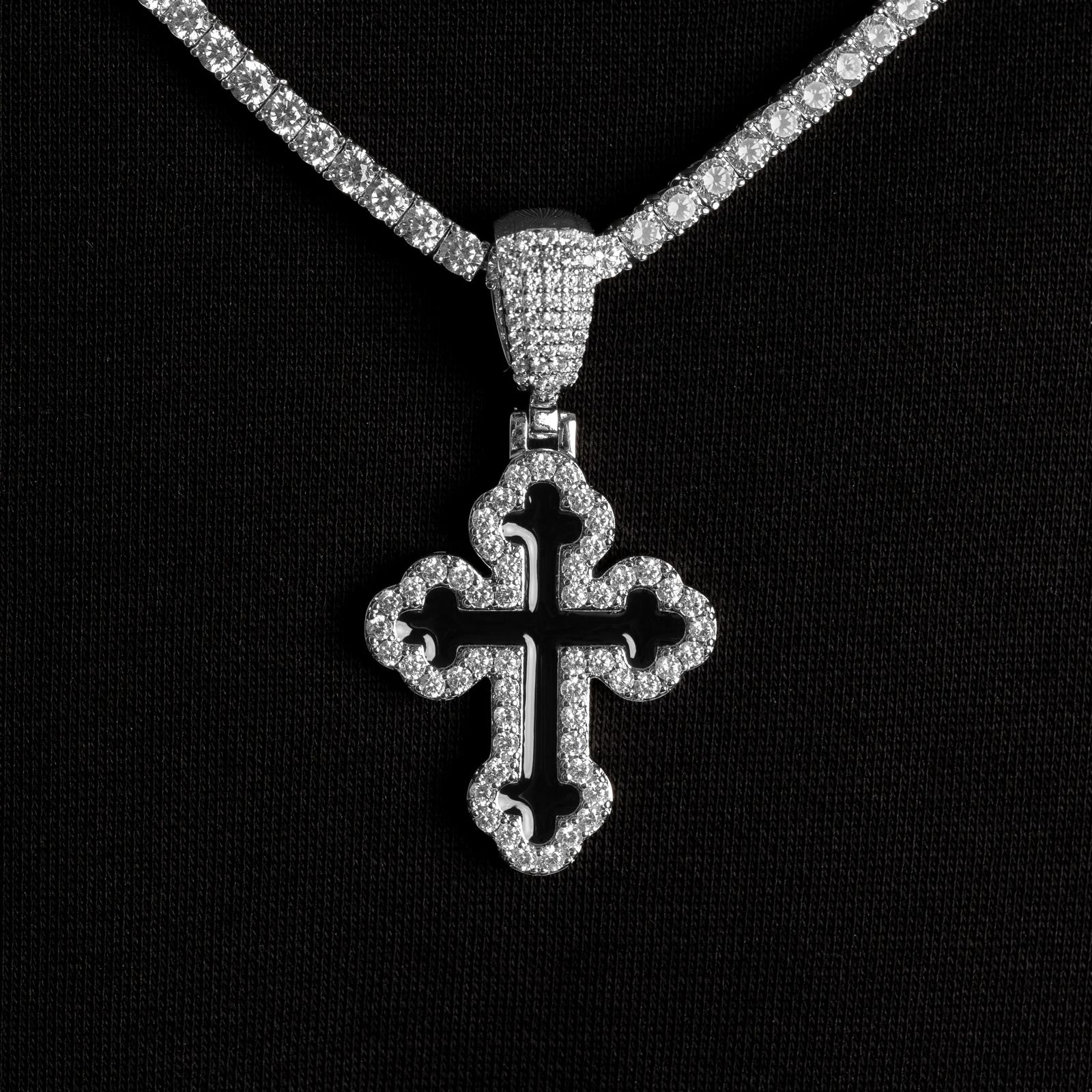 1.1ct Lab Diamond Cross Pendant on model, styled 10K white gold pendant