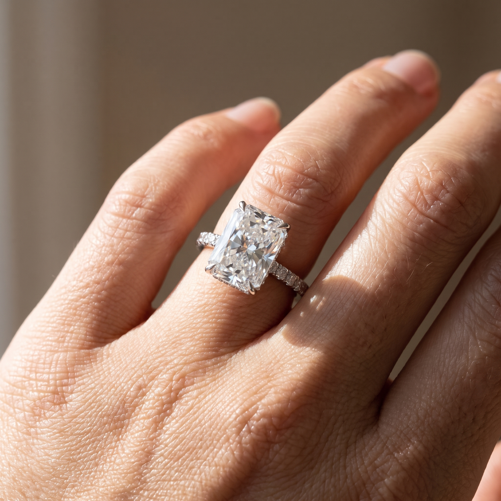 5ct radiant lab grown diamond ring with hidden halo worn on hand, close up