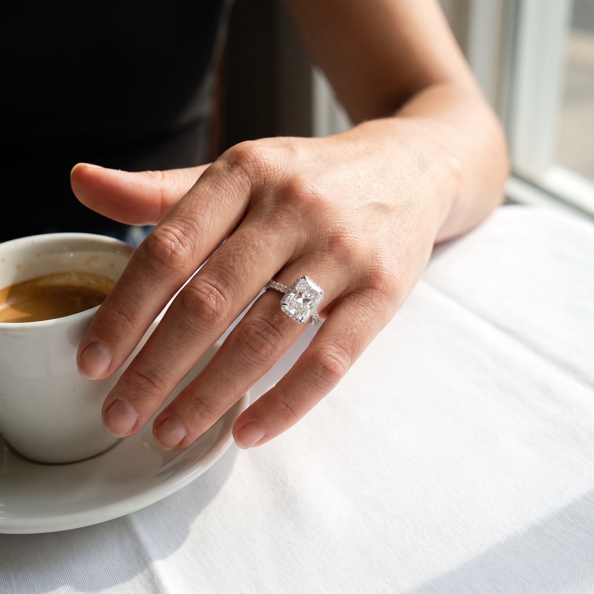 woman wearing 5 carat radiant cut lab diamond engagement ring at a cafe