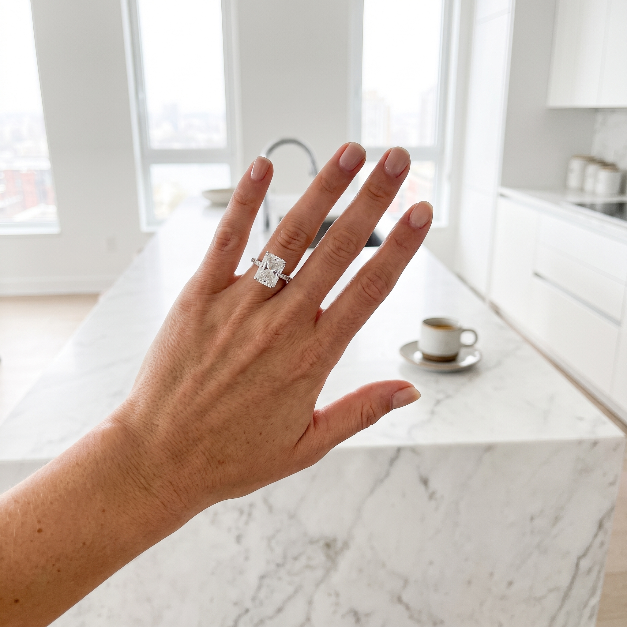 customer showing 5ct radiant lab grown diamond engagement ring, white marble kitchen