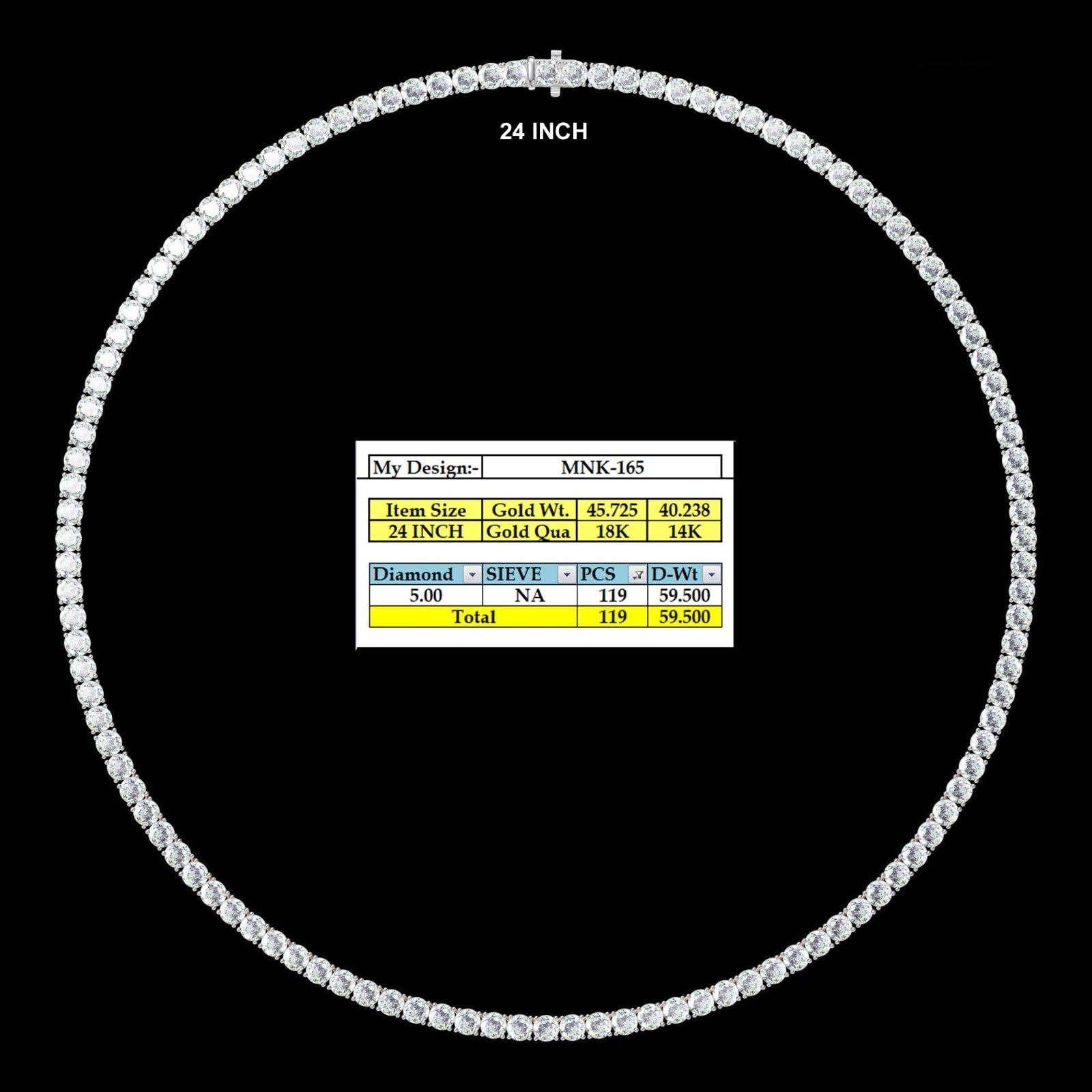 59.5ct Lab Diamond Tennis Necklace 24" on model, styled 10K gold tennis necklace