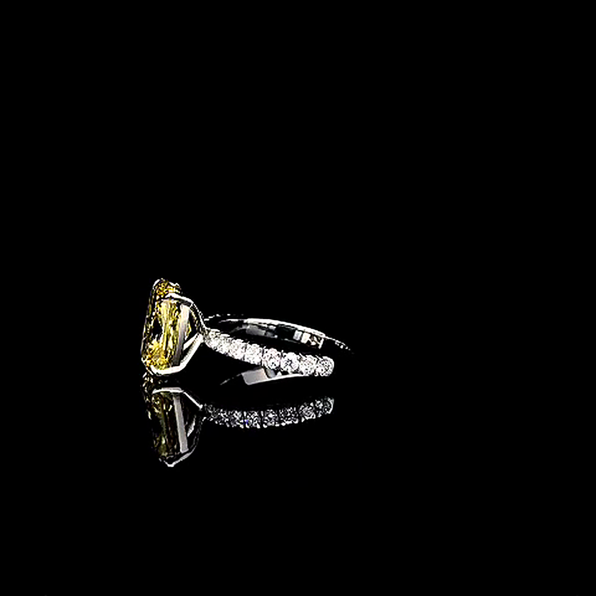 4.59ct fancy vivid yellow cushion lab grown diamond ring, real side profile video frame