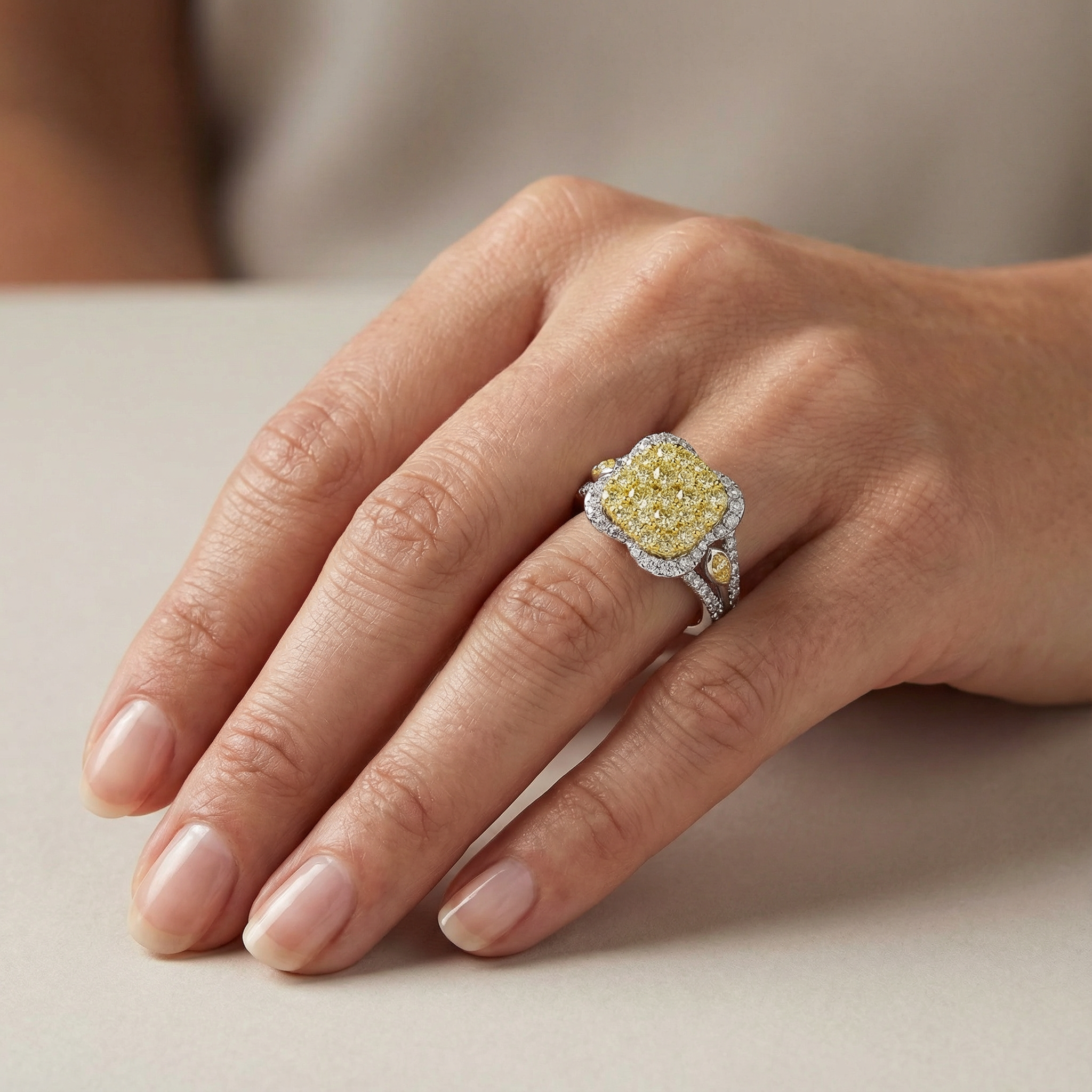1.75ct Canary Yellow Lab Diamond Cluster Ring packaging, Draco Diamond fine jewelry