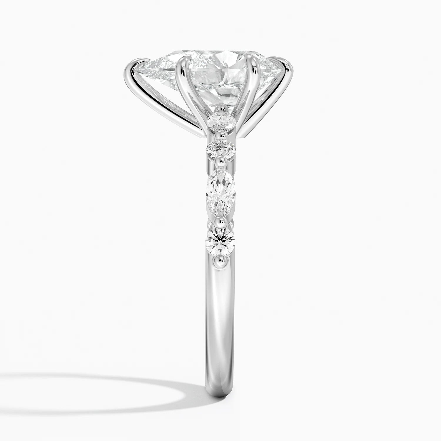 2.5ct Lab Diamond Halo Ring side profile, pear cut lab diamond detail