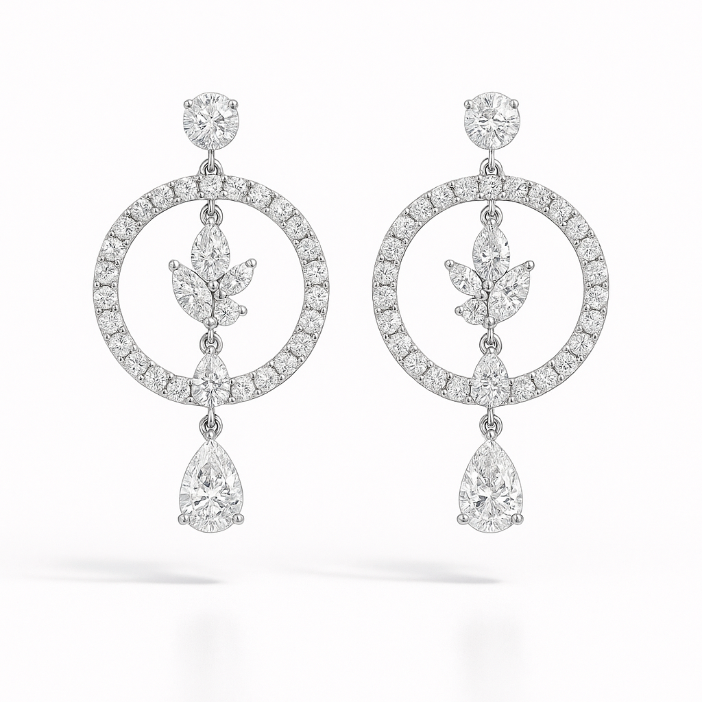 8ct halo circle drop lab grown diamond earrings, front view on a white background