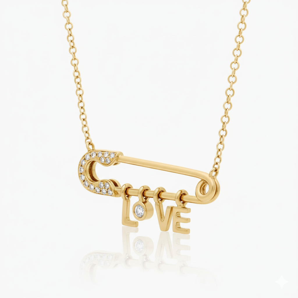 1ct Lab Diamond Safety Pin Necklace side profile | lab diamond detail
