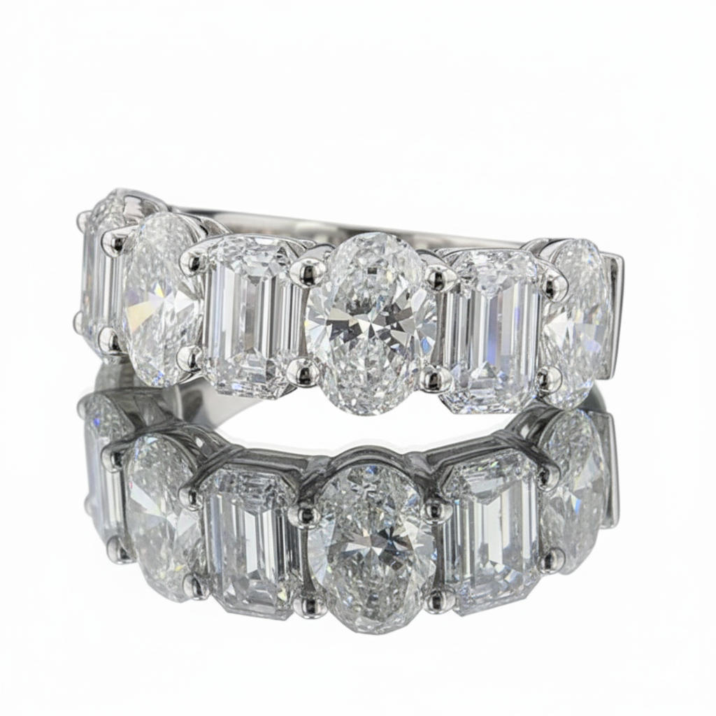 4.9ct Lab Diamond Ring | Oval & Emerald Half Eternity | IGI Certified VS1 E | 10K White Gold