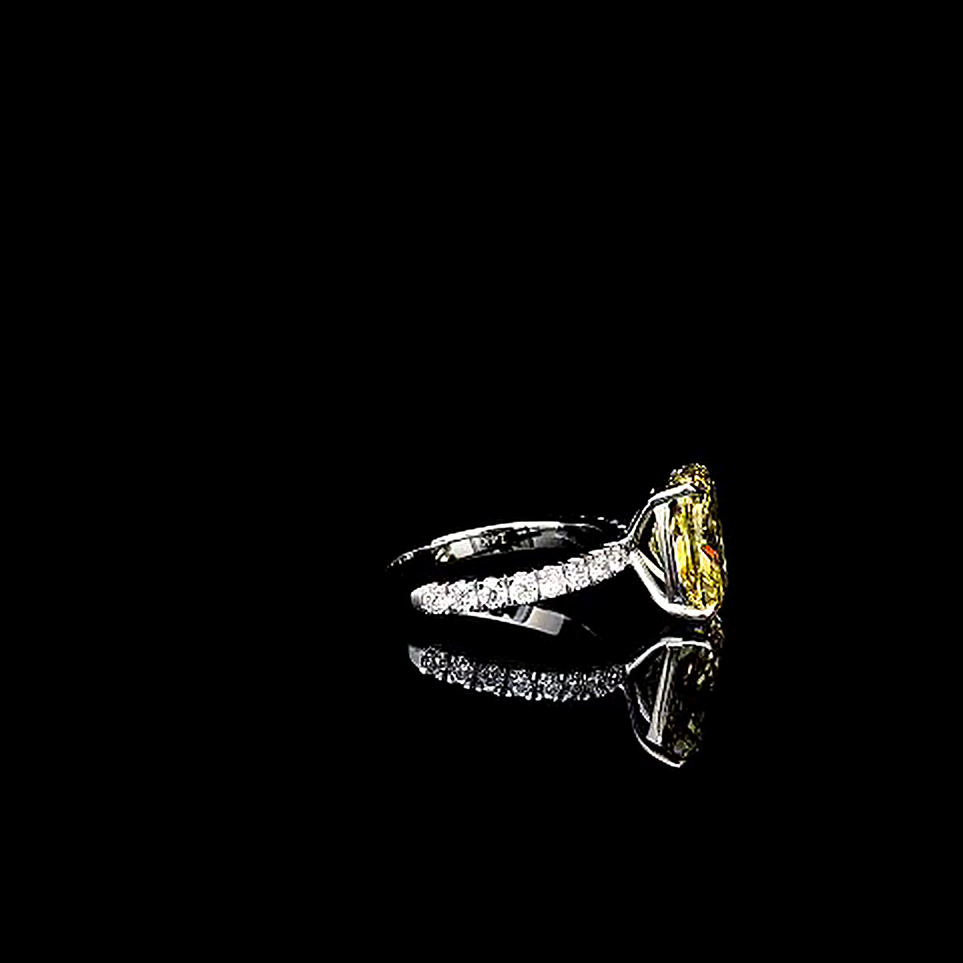 4.59ct fancy vivid yellow cushion lab grown diamond ring, real three quarter video frame