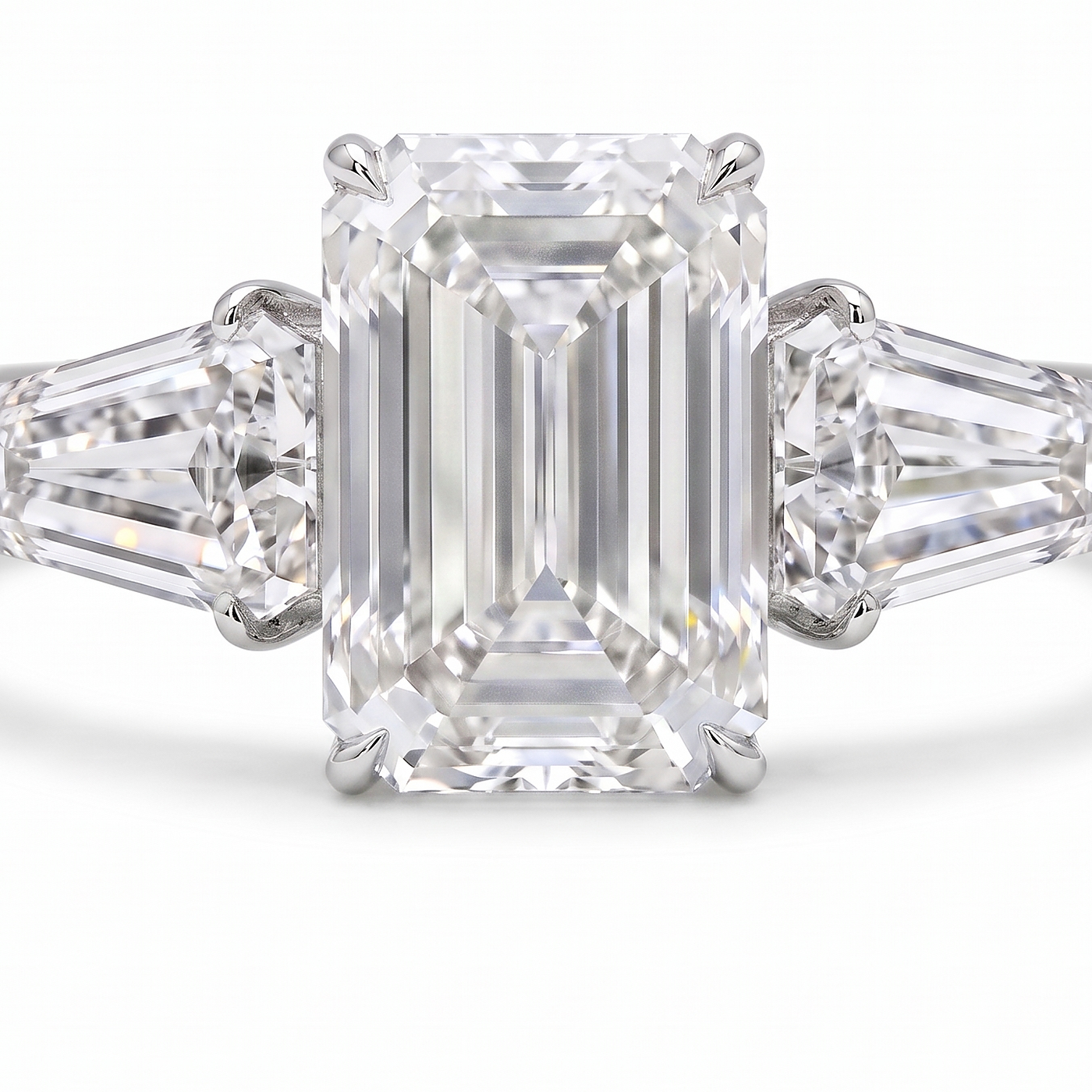 5ct emerald cut lab grown diamond ring detail, step facets and shield cut side stones