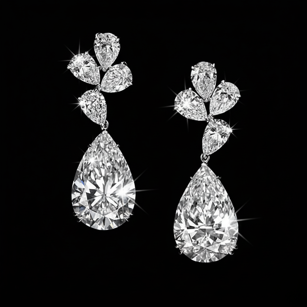 9.6ct Lab Diamond Earrings side profile, pear cut lab diamond detail