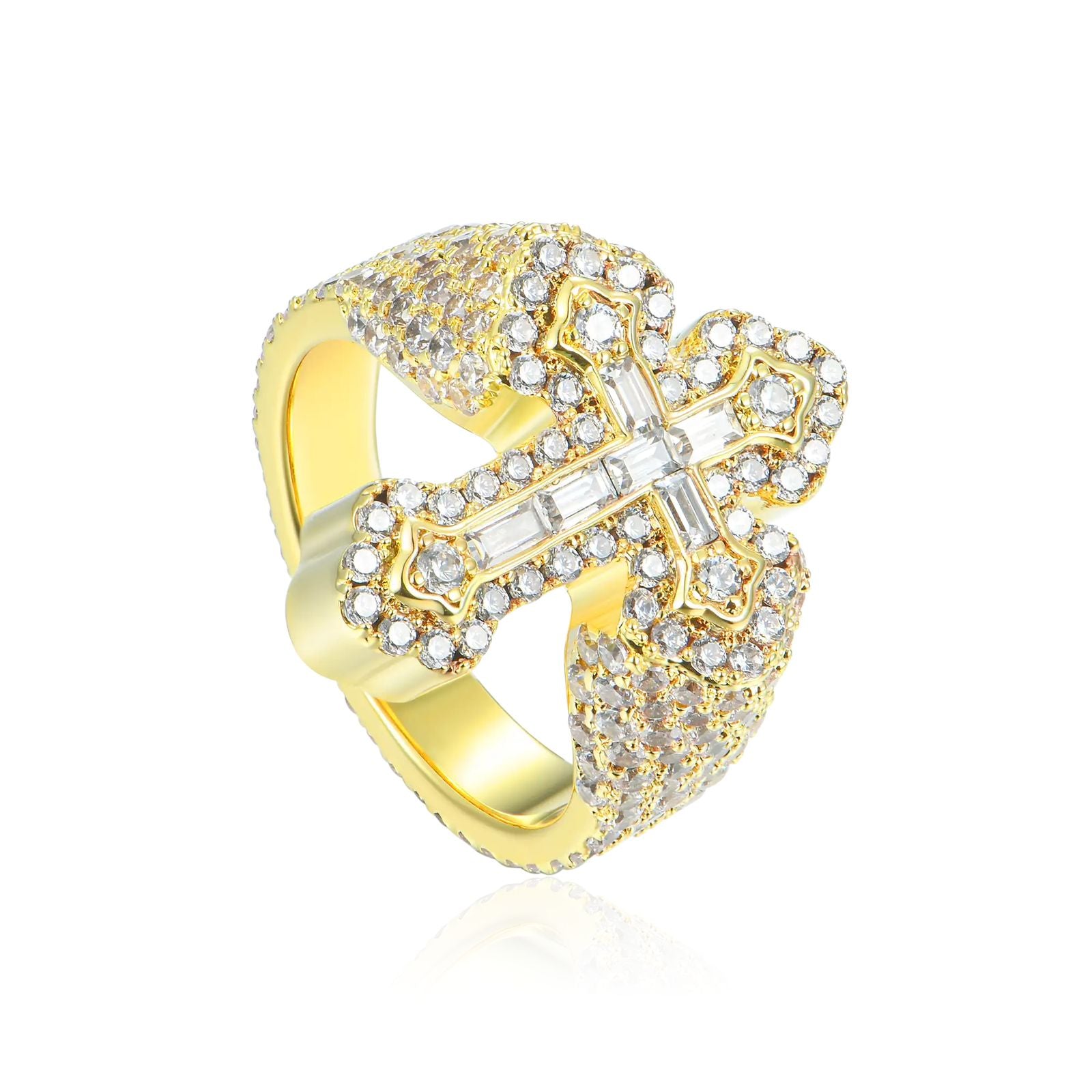 9.01ct Lab Diamond Cross Ring on model | styled 10K yellow gold ring
