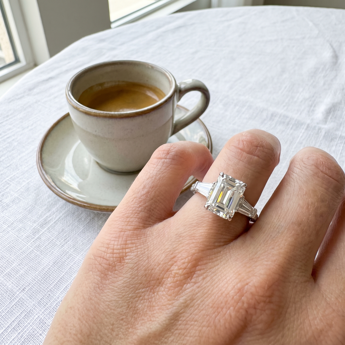 3ct emerald lab grown diamond ring shown worn