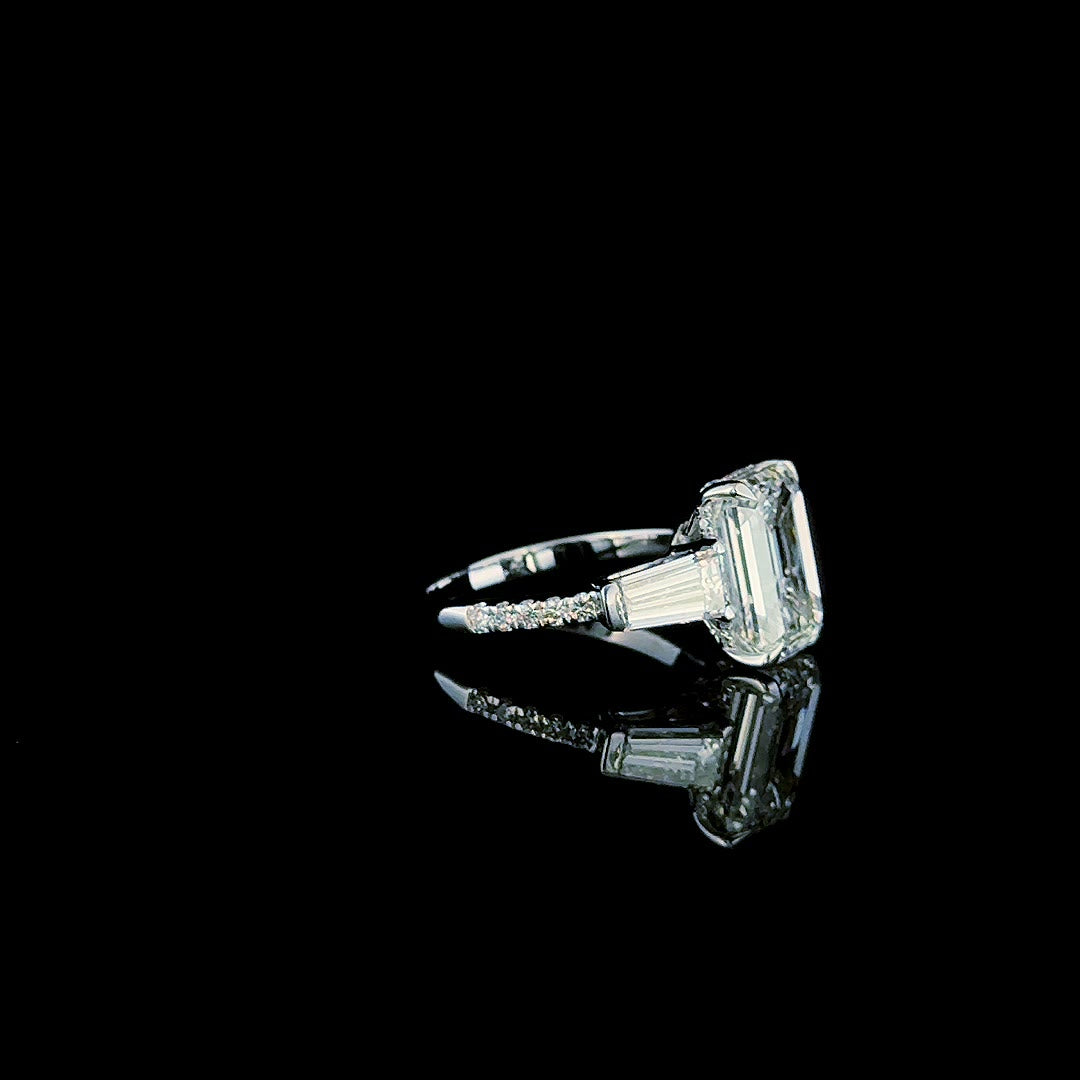 3ct emerald tapered baguette lab grown diamond ring, product video still angle